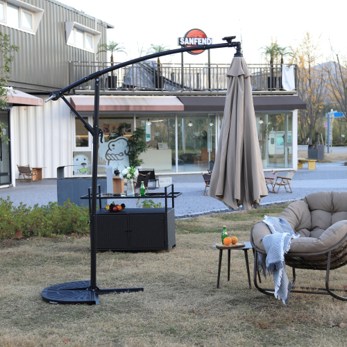 10ft Solar LED Offset Hanging Market Patio Umbrella ( khaki )(No Base)、、eastwooduniform