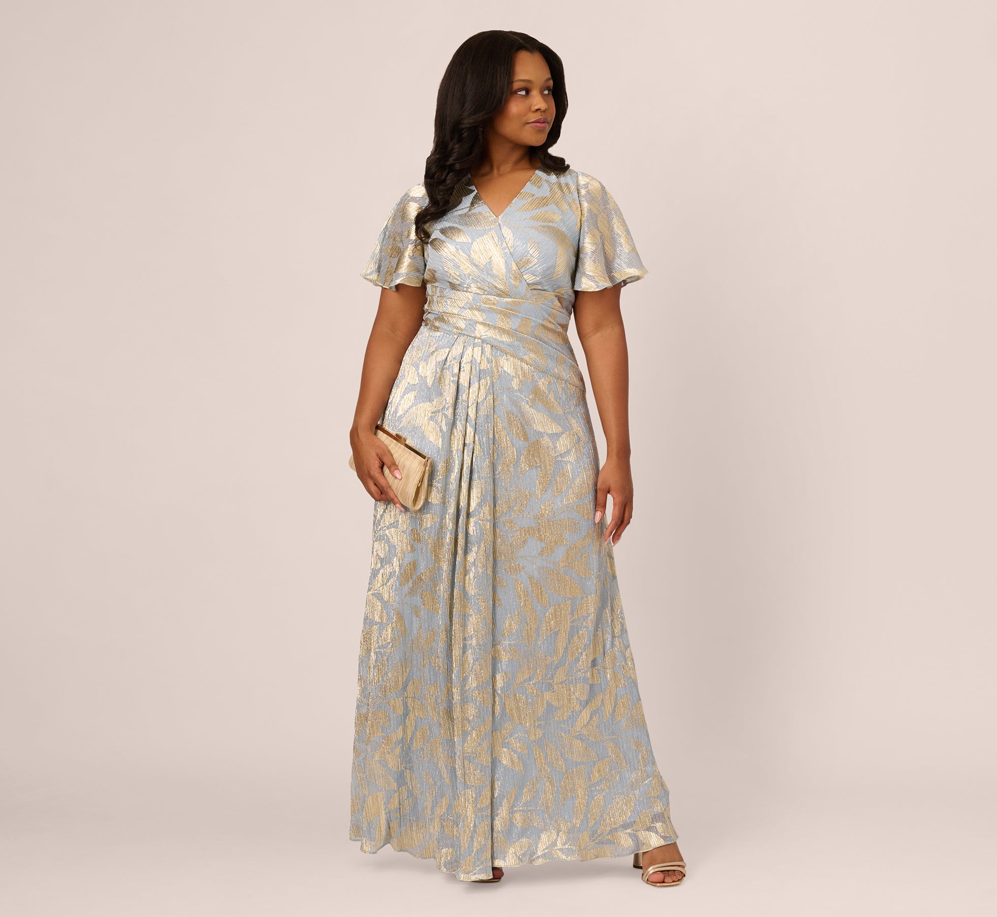 Plus Size Foil Leaf Short Sleeve Gown With Draped Details In Light Blue Gold、mySite、solidvoid