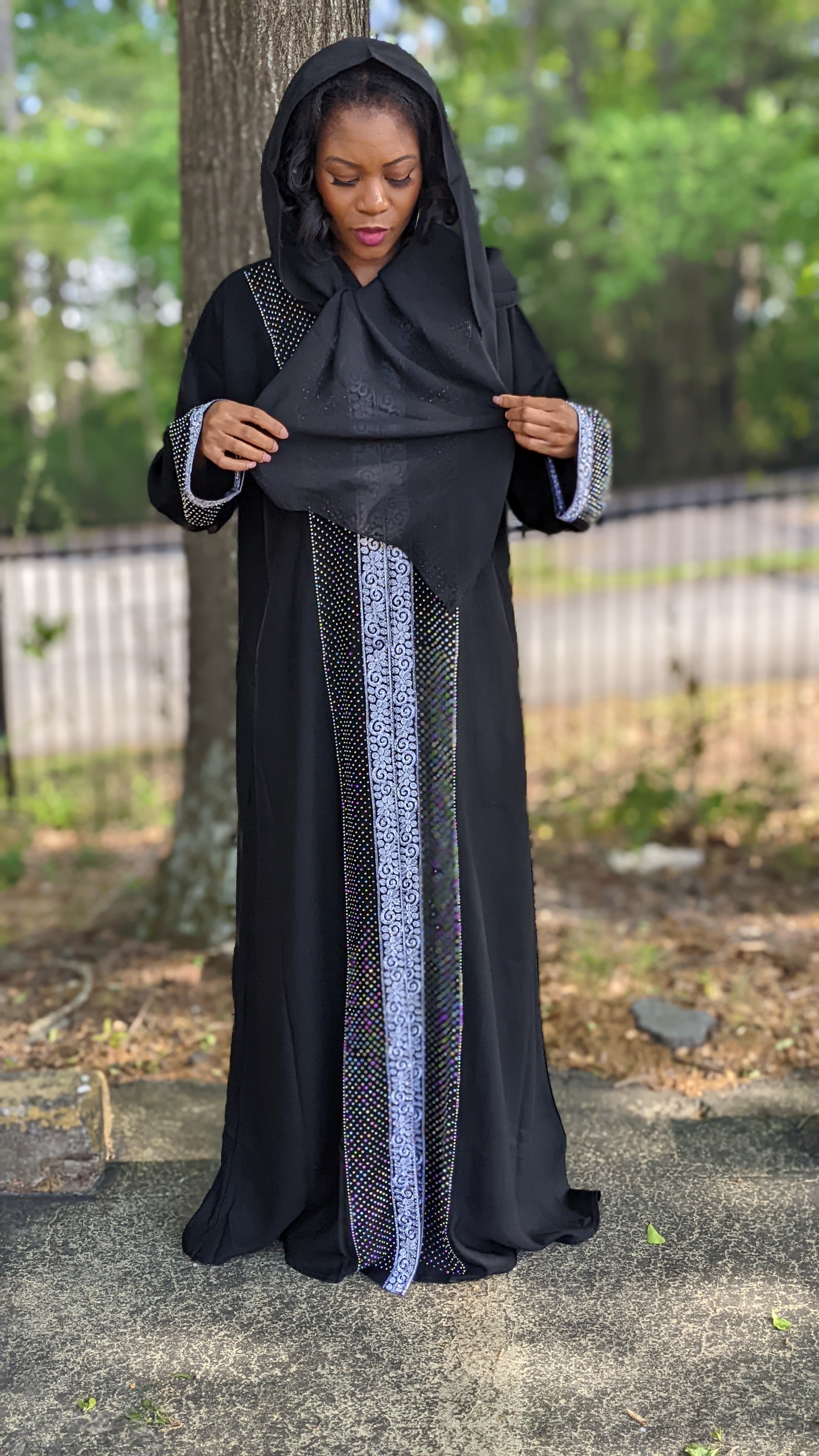 Amina Black and Silver African Abaya Kaftan Moroccan Arabic Dress with matching Hijab-DPKBS03、mySite、solidvoid