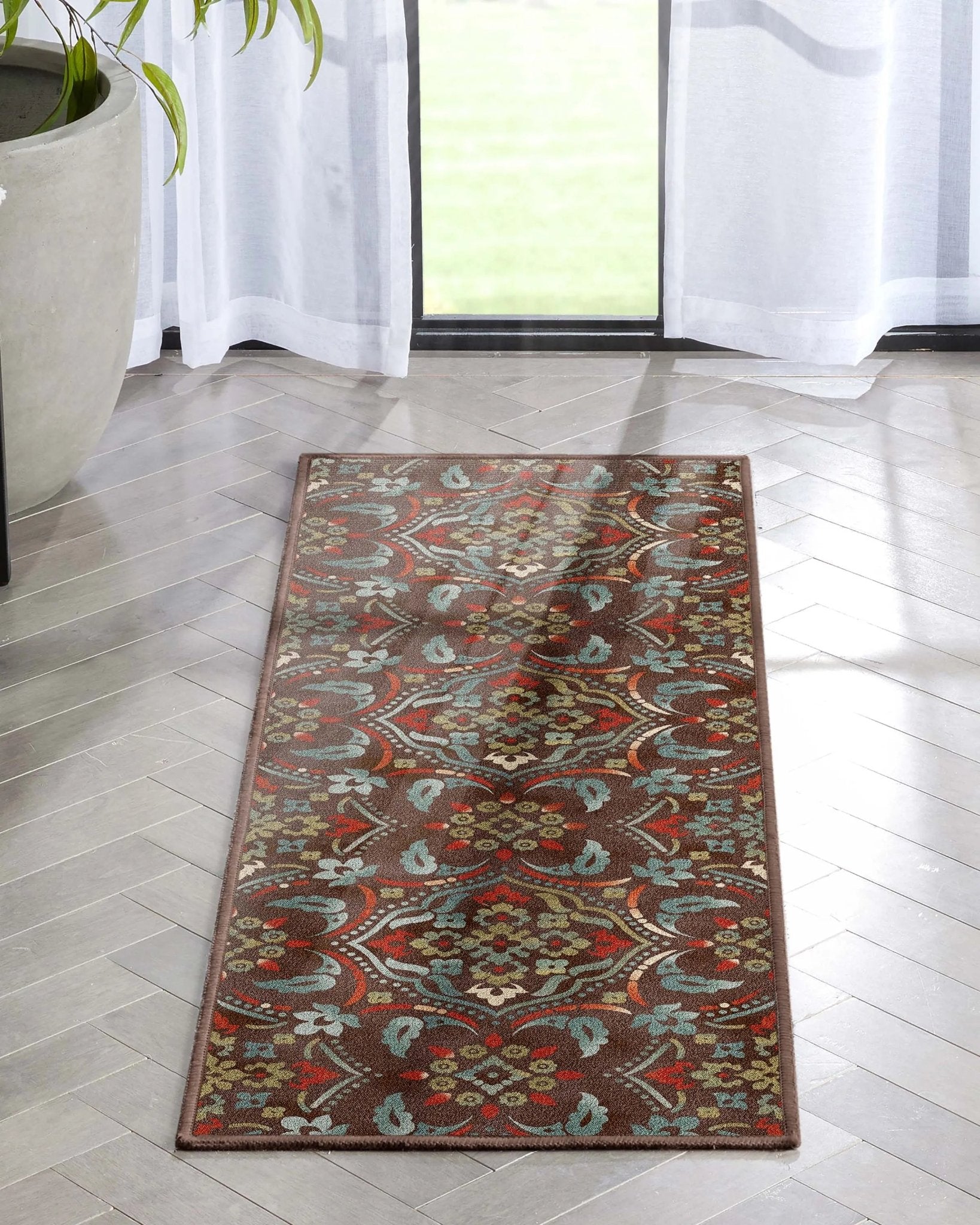 Florence Brown/Grey Floral Flat-Weave Cotton Backing Rug、mySite、gigharbornorthrealestate