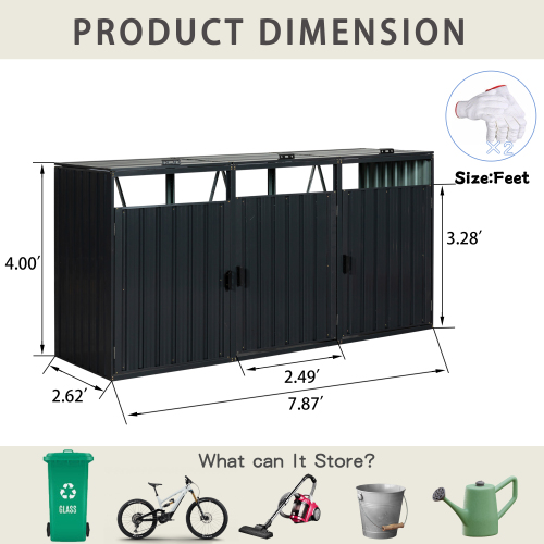 Garbage Bin Shed Stores 3 Trash Cans Metal Outdoor Bin Shed for Garbage Storage,Stainless Galvanized Steel, Bin Shed for Garden Yard Lawn,Grey、、eastwooduniform