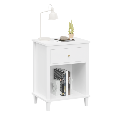 26.77''H Wooden Nightstand with One Drawer One Shelf for Kids, Adults, White+Golden handle、、casual