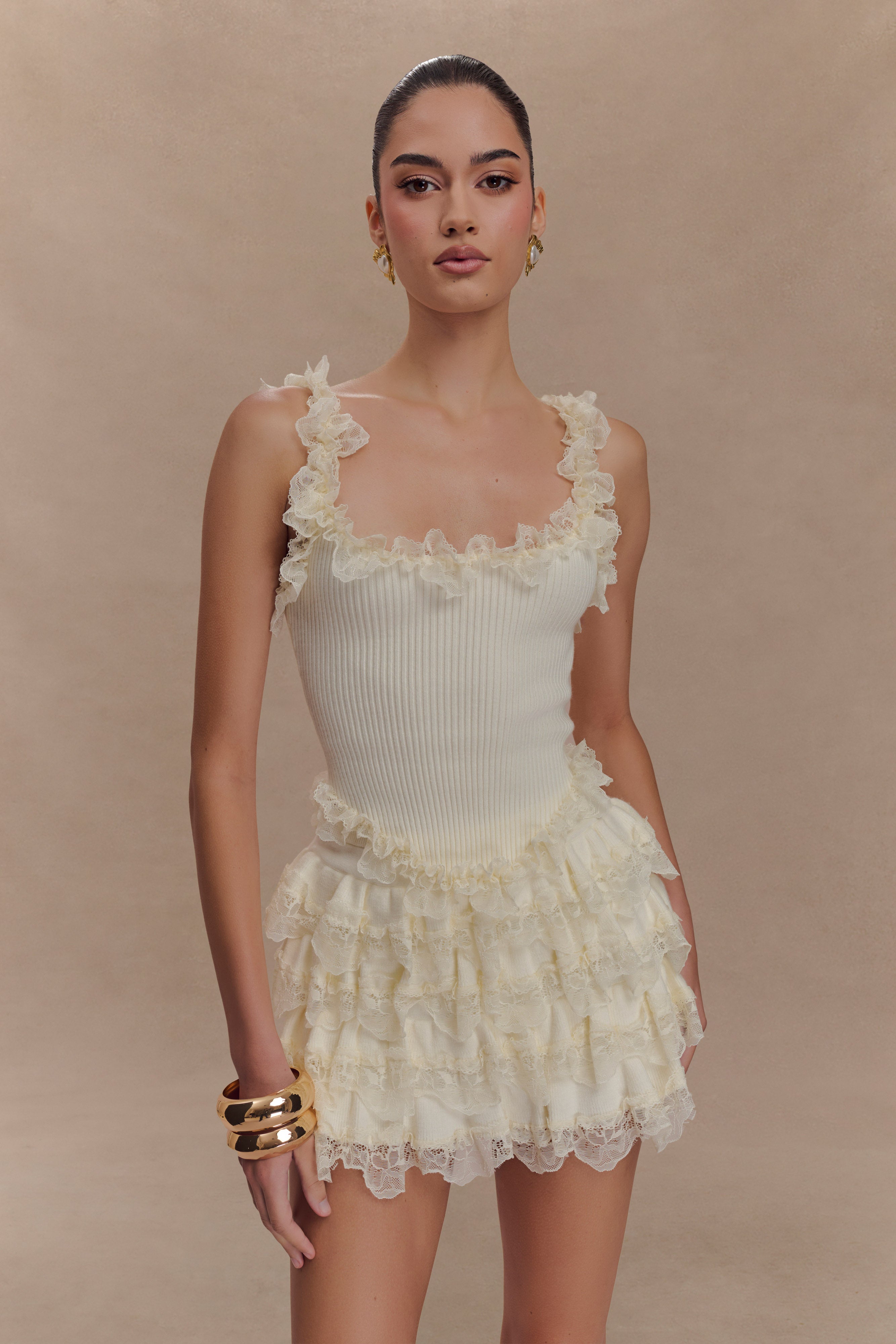 Shay Lace Ruffle Knit Top - Cream、mySite、solidvoid