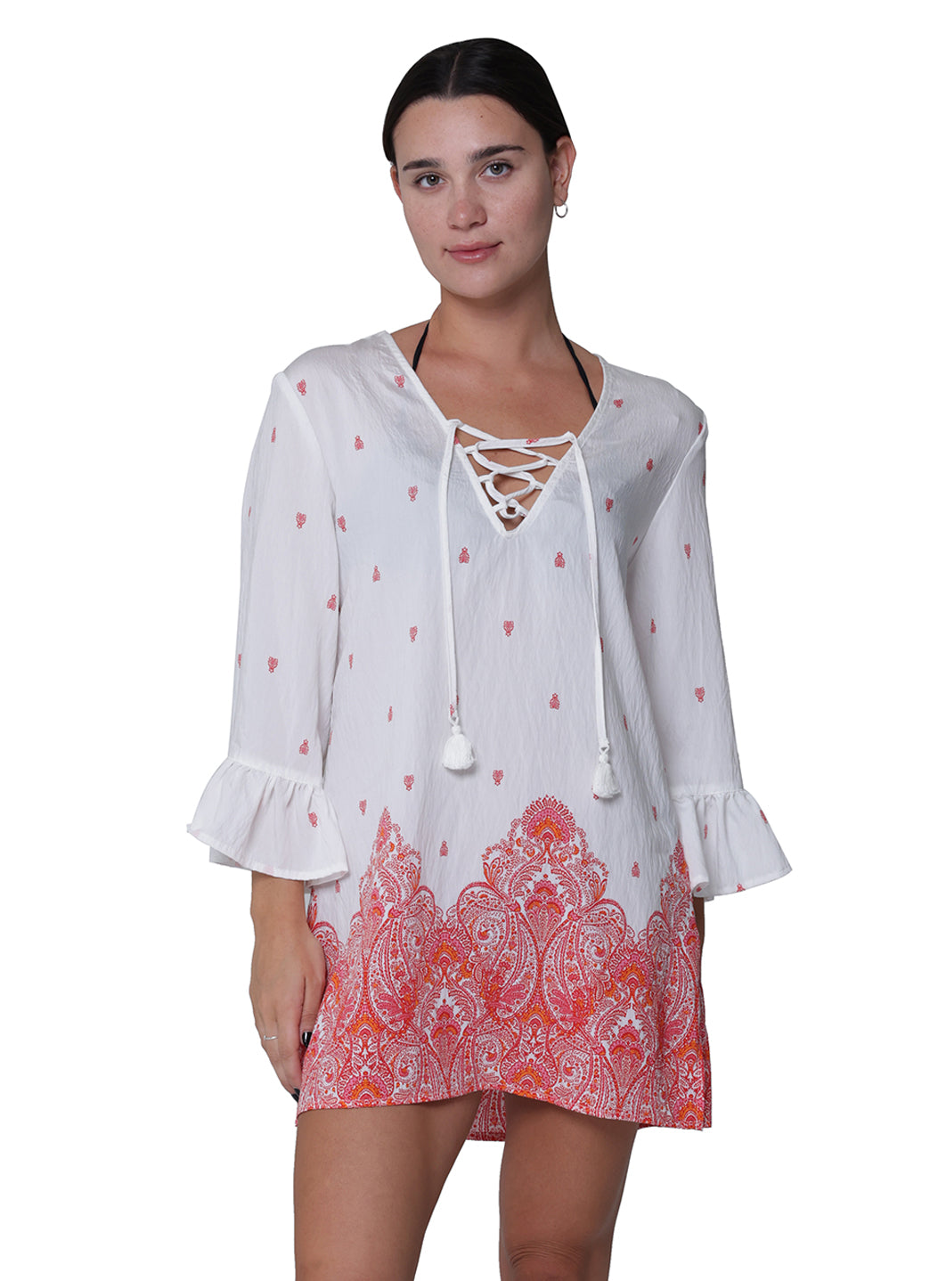 J.Valdi Women's Corsica Ruffle Sleeve Lace Neck Tunic Cover Up、mySite、noshort