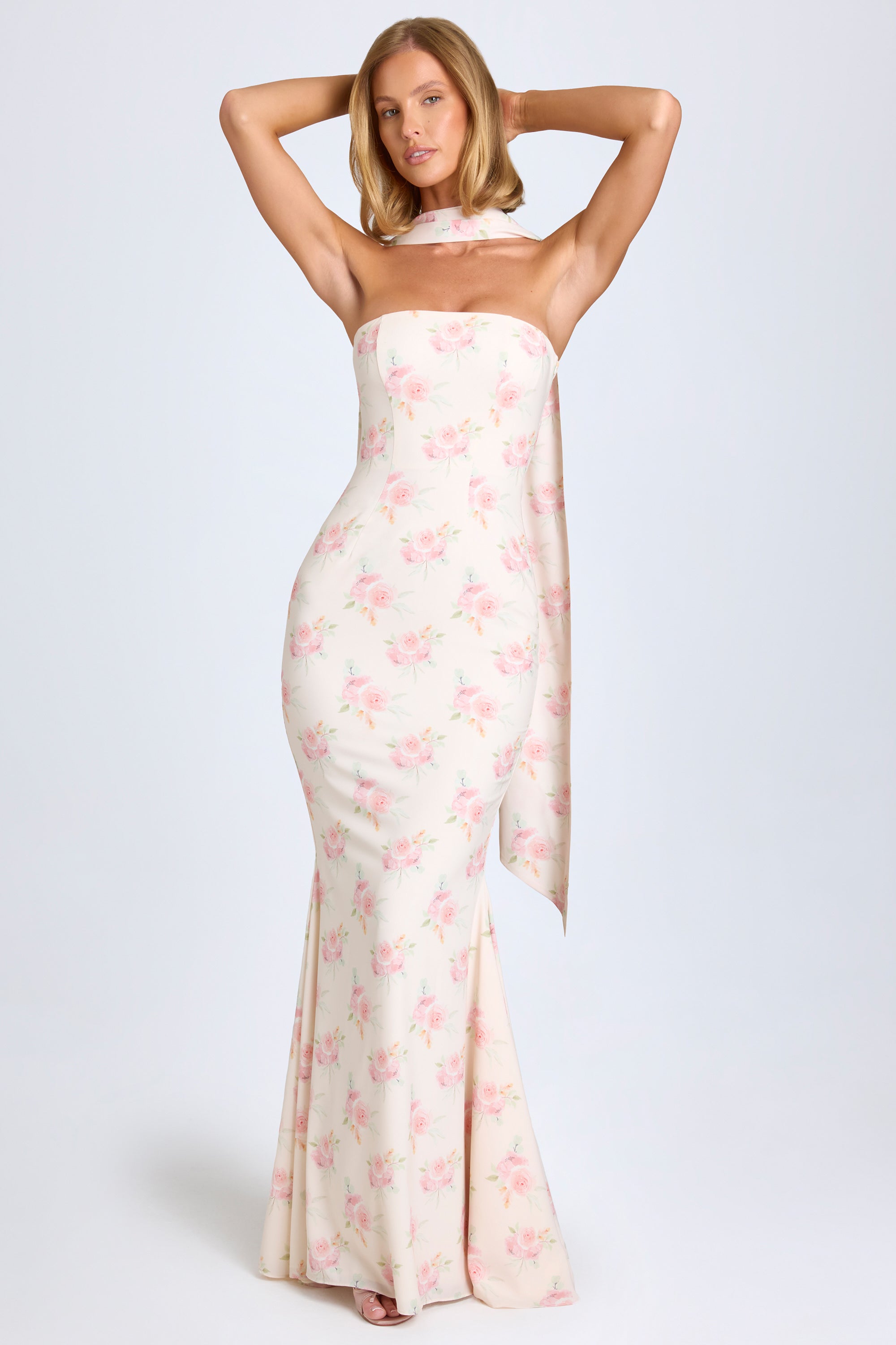 Scarf-Detail Strapless Gown in Large Rose Print、mySite、solidvoid