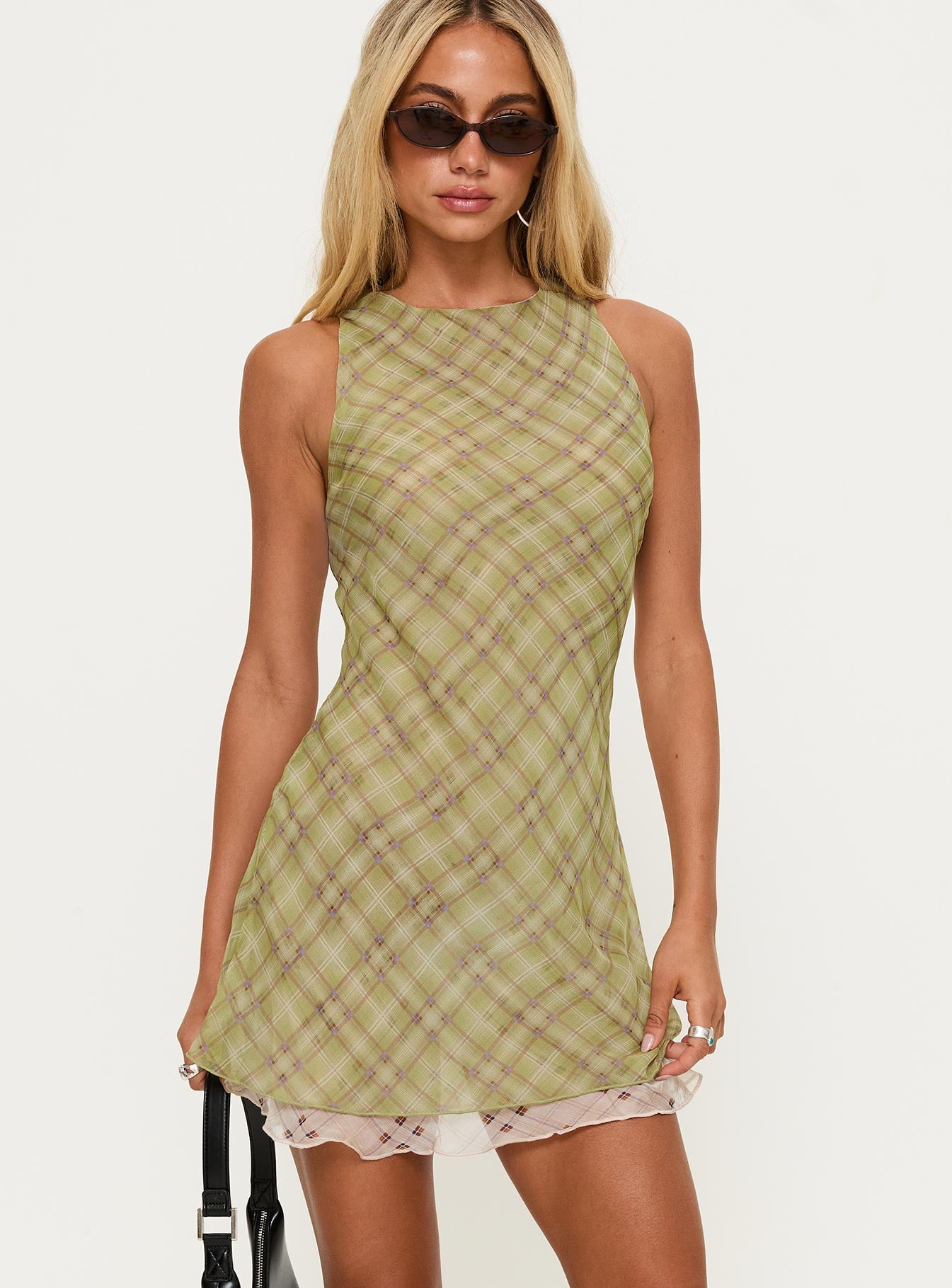 Buffie Shoulder Mini Dress Green Check、mySite、solidvoid