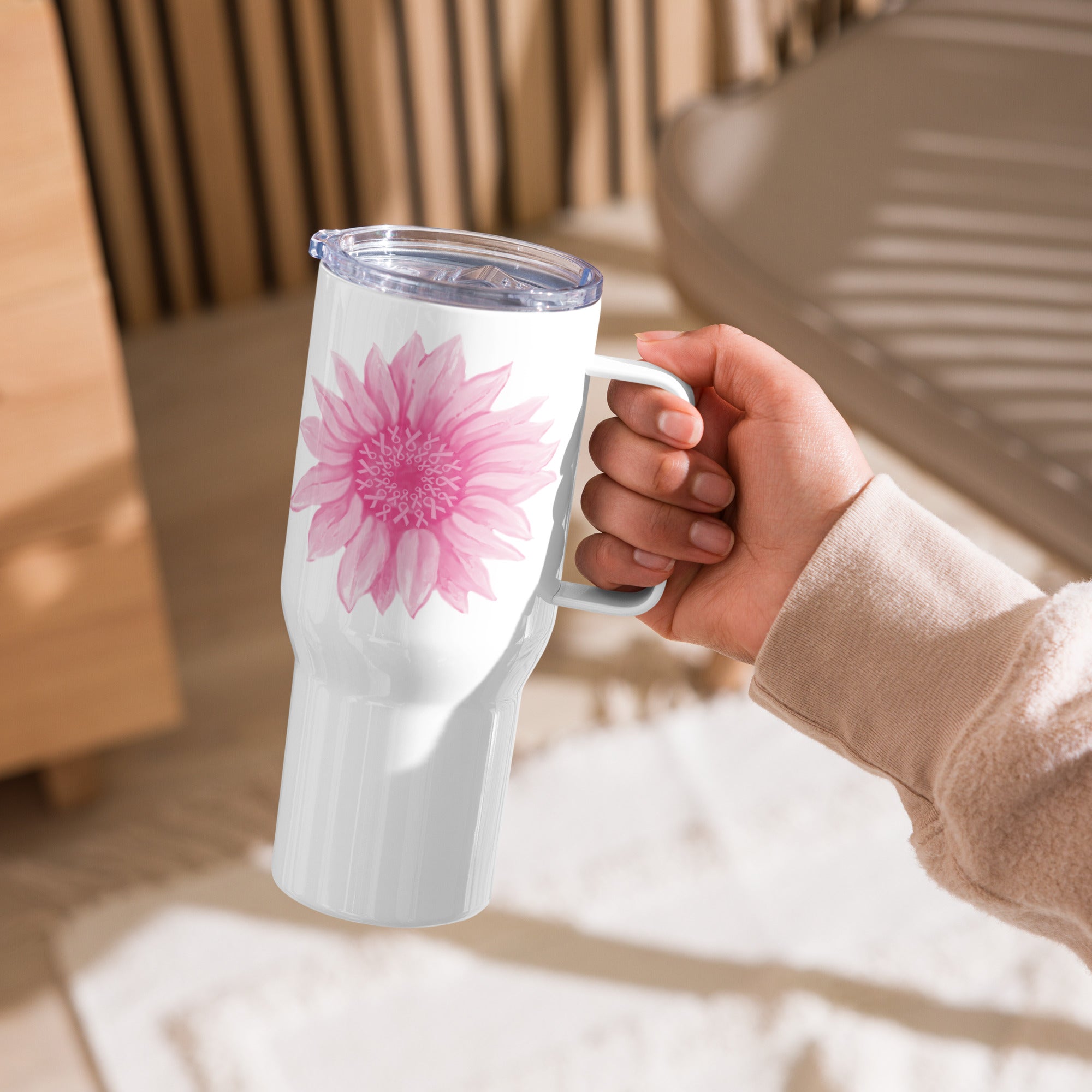 Pink Ribbon Sunflower 25oz Handle Tumbler Travel Mug、mySite、camillekostekn