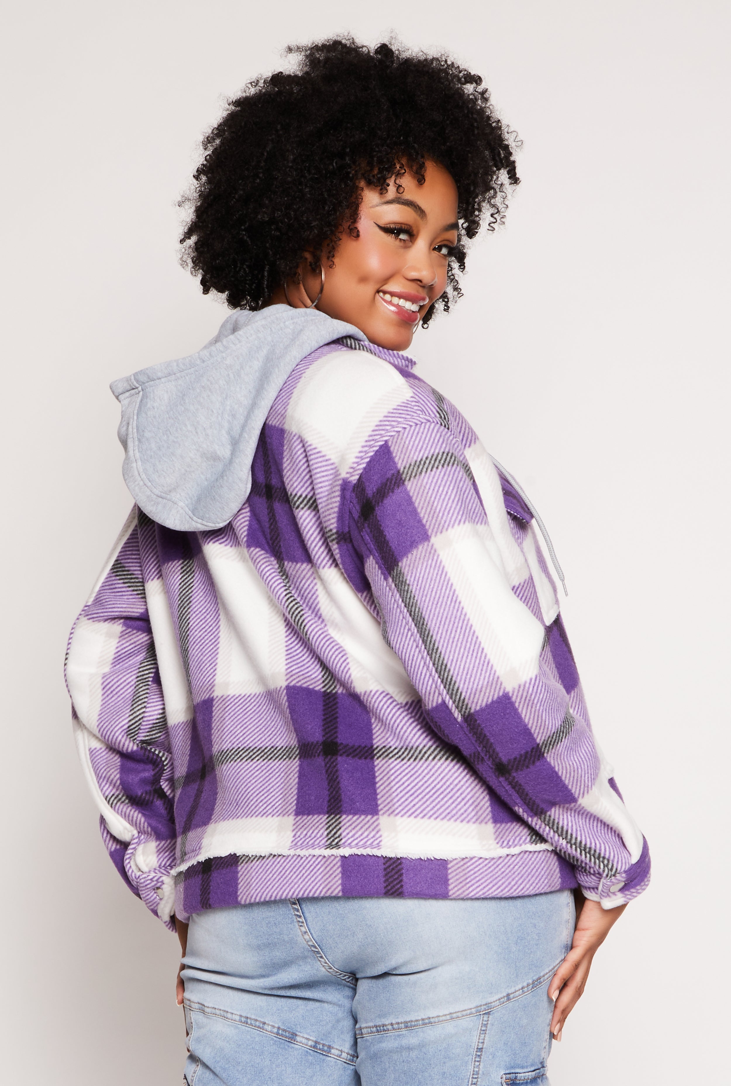 Plus Size Plaid Hooded Zip Front Jacket、mySite、camillekostekn