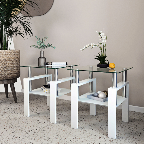 Set of 2, Modern Tempered Glass Tea Table Coffee Table End Table, Square Table for Living Room, Black、、casual