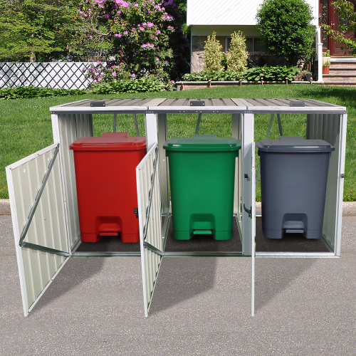 Garbage Bin Shed Stores 3 Trash Cans Metal Outdoor Bin Shed for Garbage Storage,Grey、、eastwooduniform