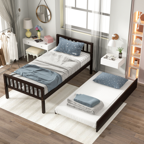 Twin Bed with Trundle, Platform Bed Frame with Headboard and Footboard, for Bedroom Small Living Space,No Box Spring Needed,White(New SKU:W504P148532)、、casual