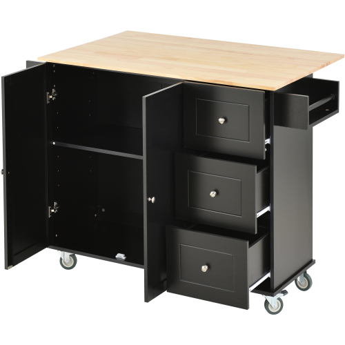 Rolling Mobile Kitchen Island with Solid Wood Top and Locking Wheels,52.7 Inch Width,Storage Cabinet and Drop Leaf Breakfast Bar,Spice Rack, Towel Rack & Drawer (Black)、、casual