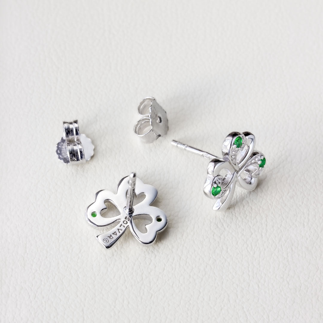  Silver Synthetic Emerald Shamrock Stud Earrings