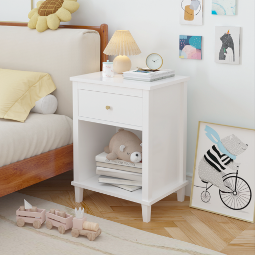26.77''H Wooden Nightstand with One Drawer One Shelf for Kids, Adults, White+Golden handle、、casual