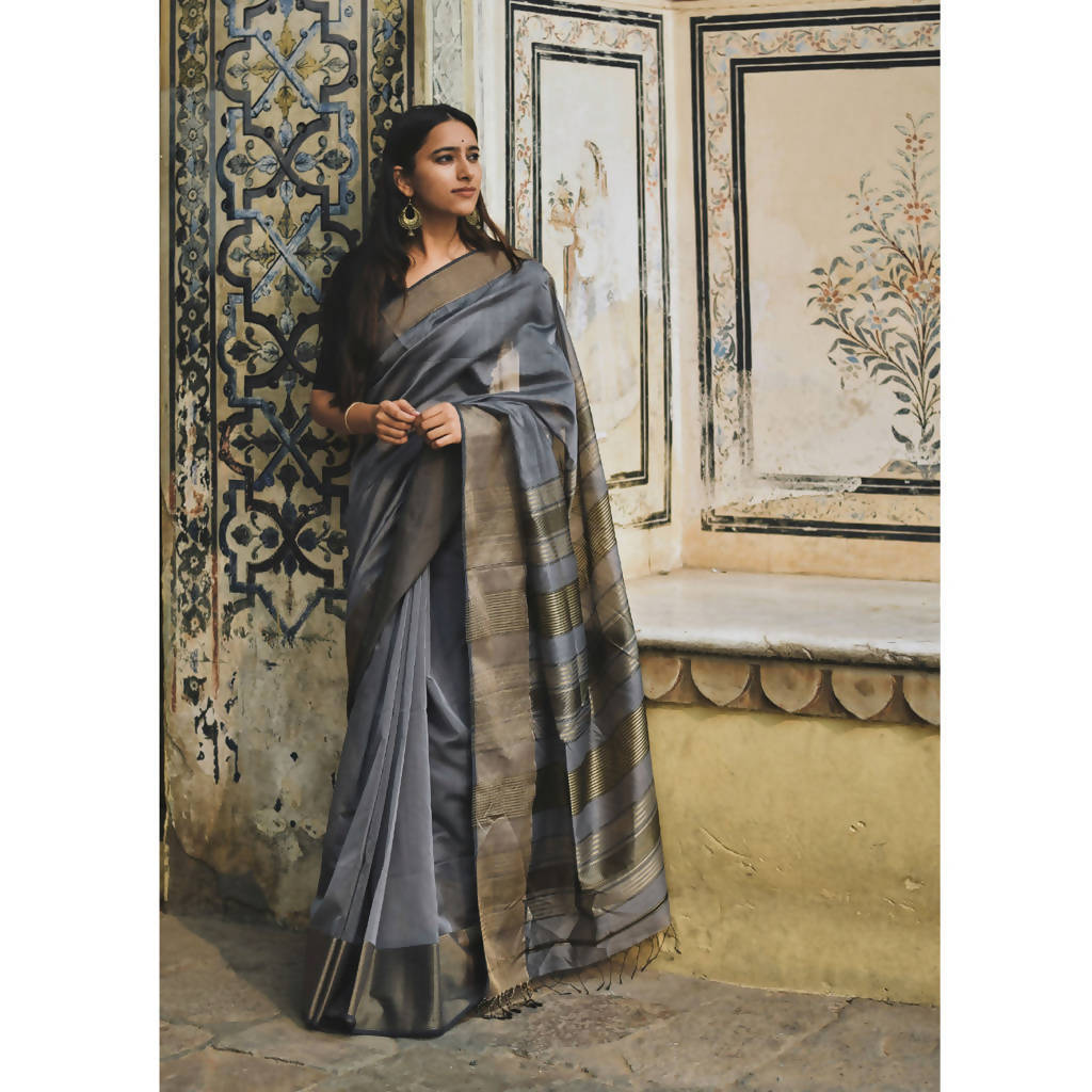 Maheshwari Cotton Silk Saree | Grey & Gold、mySite、camillekostekn