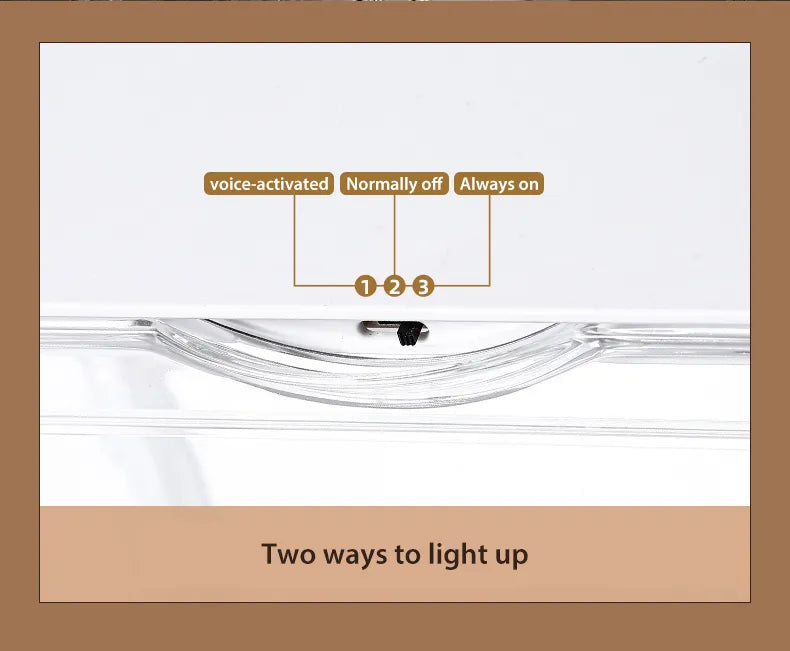 Three light modes for mini figures display box: voice-activated, off, and always on.