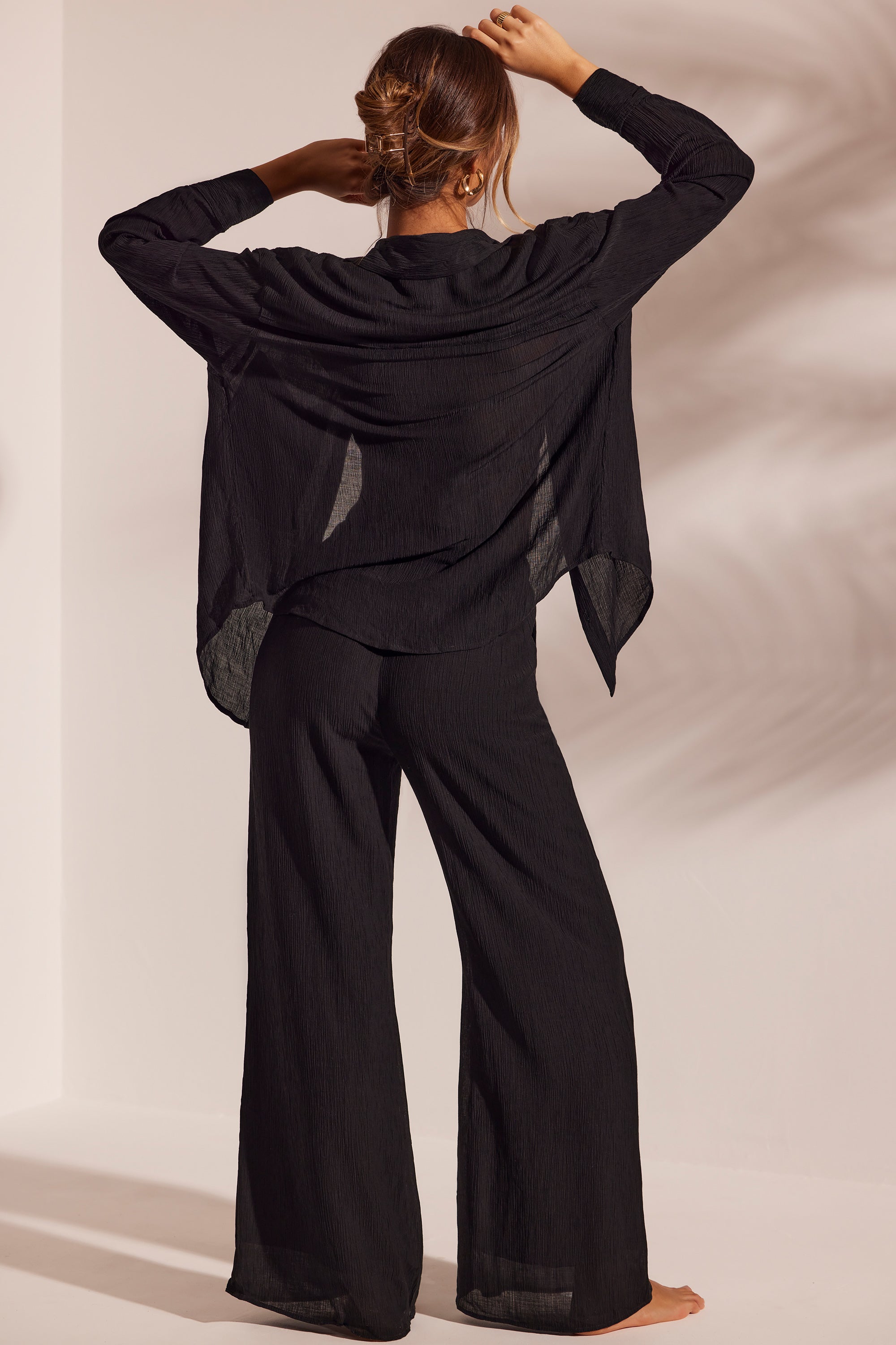 Crinkle Textured Oversized Beach Shirt in Black、mySite、solidvoid