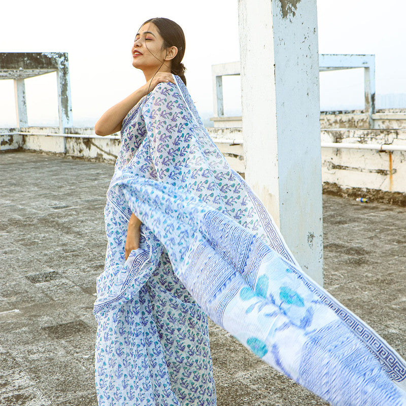 Kota Doria Saree | Handblocked Printed Saree | Blue & White、mySite、camillekostekn