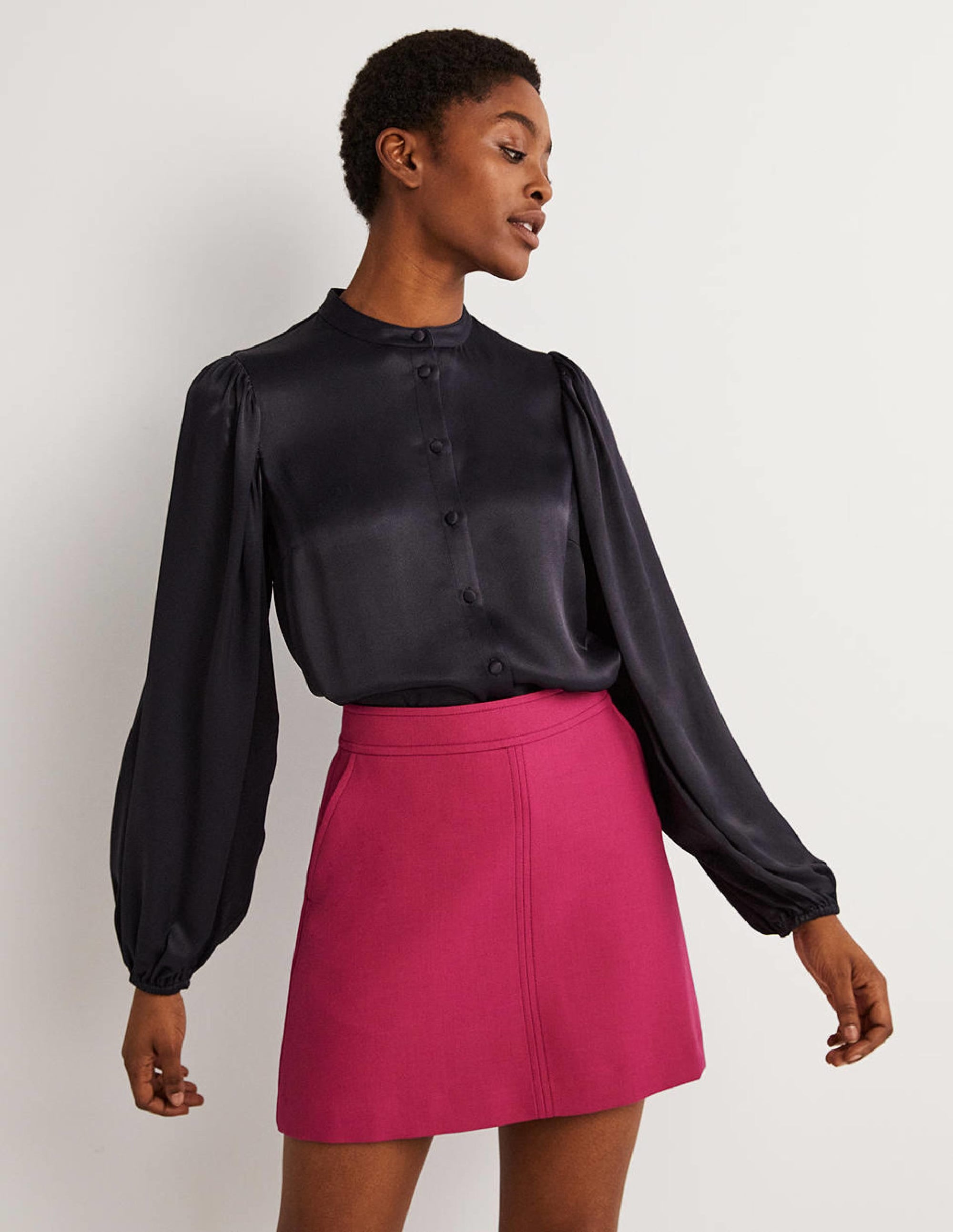  Blouson Sleeve Satin Shirt-Navy、mySite、ashleygrahame