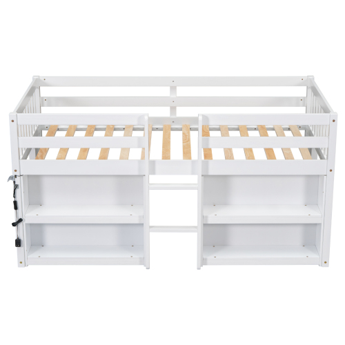 Twin Size Kid Low Loft Bed With Two-Tier Shelves And LED Light For White Color、、xpatfood