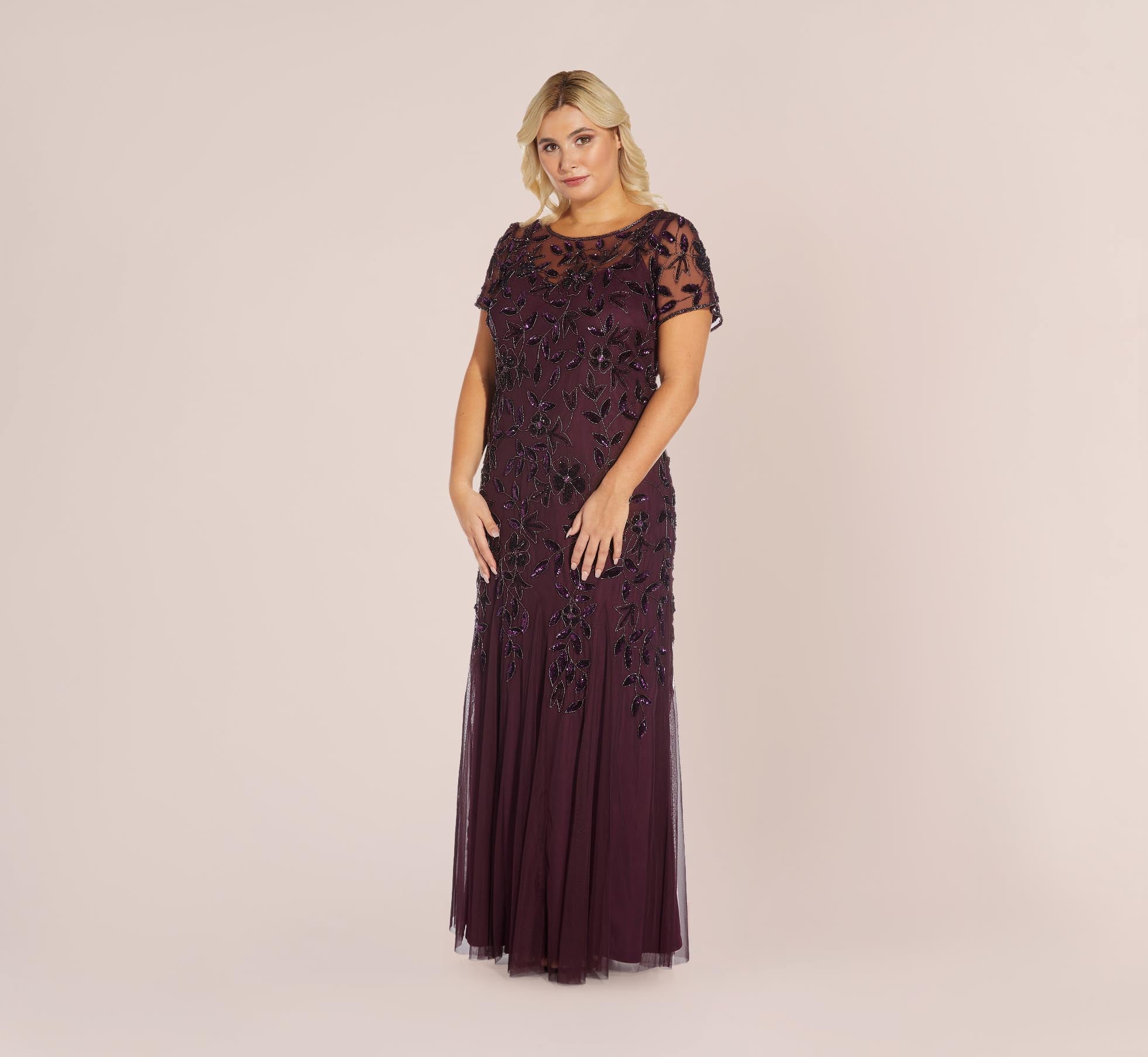 Plus Size Hand Beaded Short Sleeve Floral Godet Gown In Night Plum、mySite、solidvoid