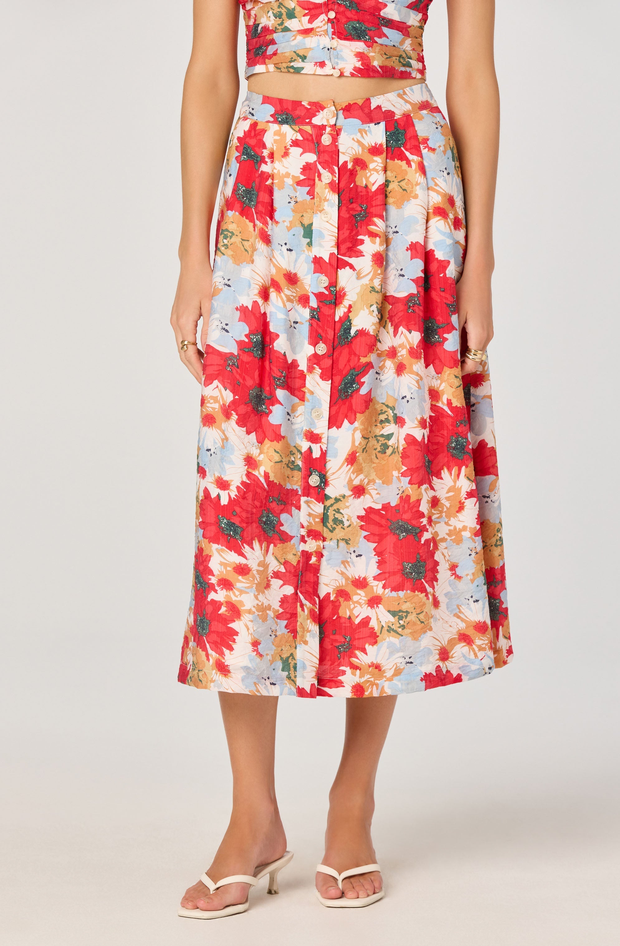 Button Front Pleated Midi Skirt、mySite、solidvoid