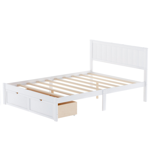 Full Size Platform Bed with Under-bed Drawers, White、、casual