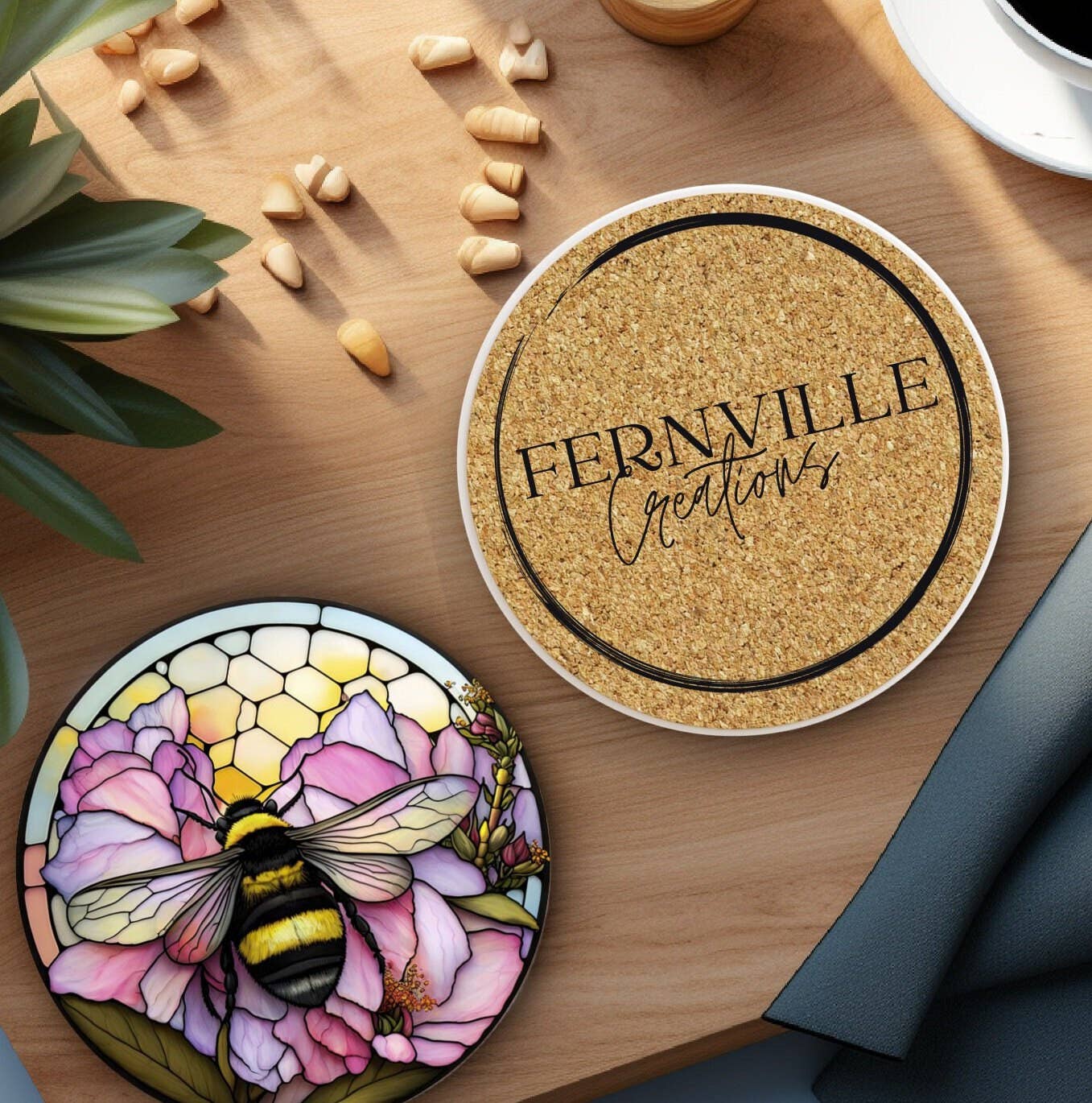 Bumble Bee Flower Stained Glass Ceramic Coasters、mySite、g9winljtr