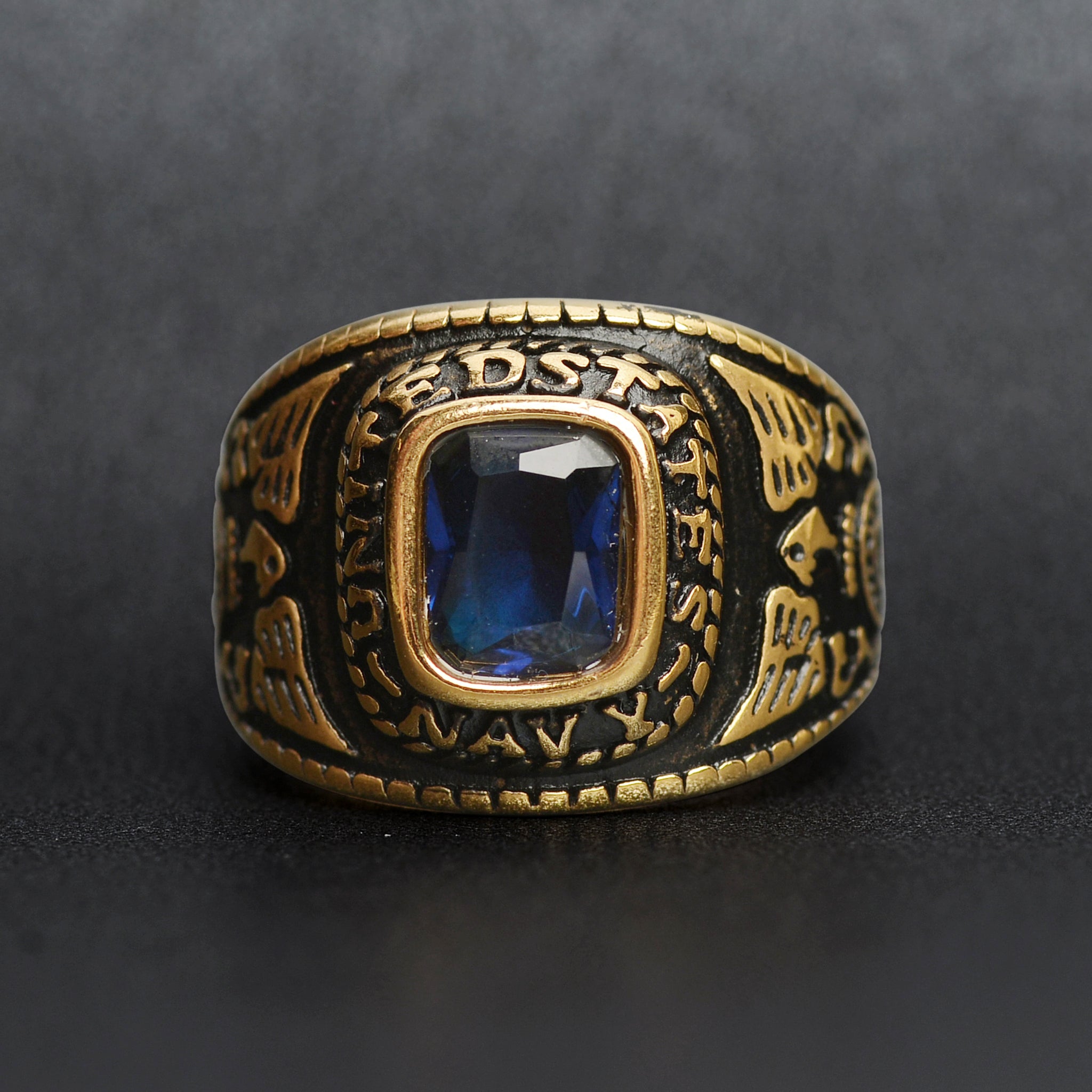 18K Gold PVD Stainless Steel United States Navy Blue Center Stone Ring / MCR6003、mySite、dreamappss