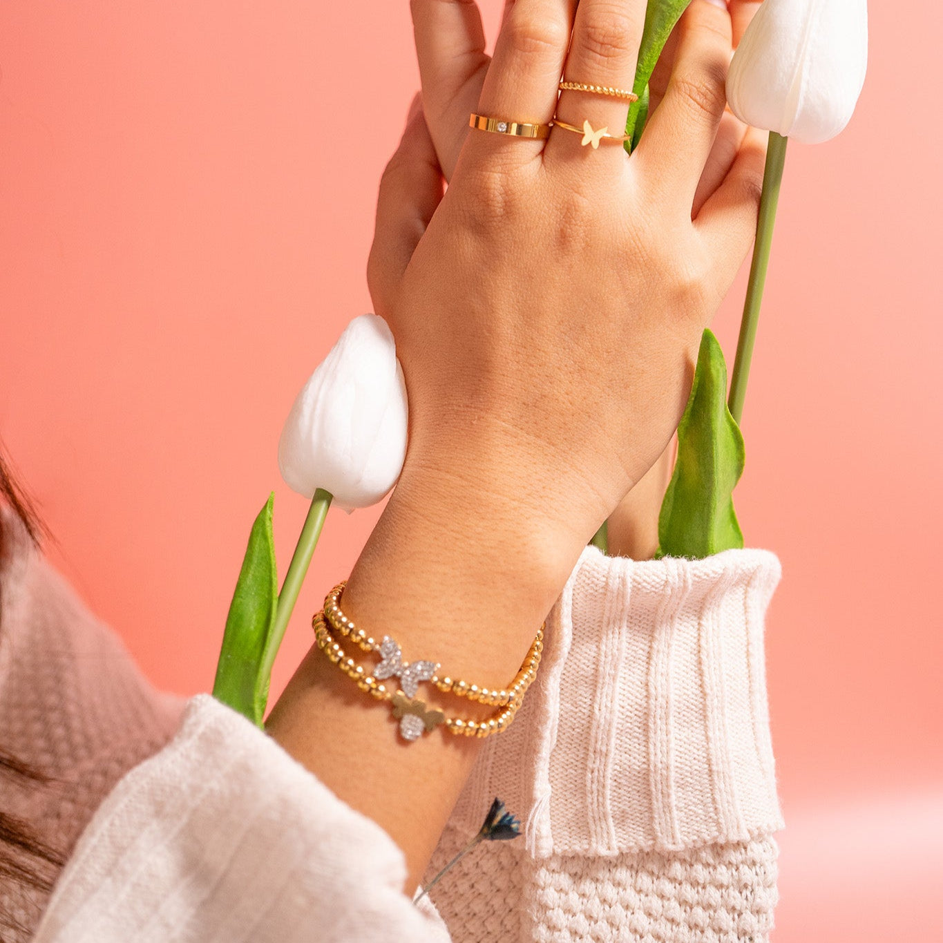 18K Gold PVD Stainless Steel Stone Butterfly Metal Beaded Stretch Bracelet / BRJ1021、mySite、dreamappss