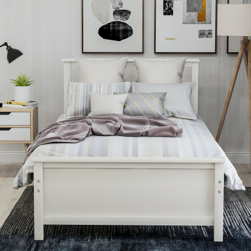 Twin Size Wood Platform Bed with Headboard,Footboard and Wood Slat Support, White、、casual