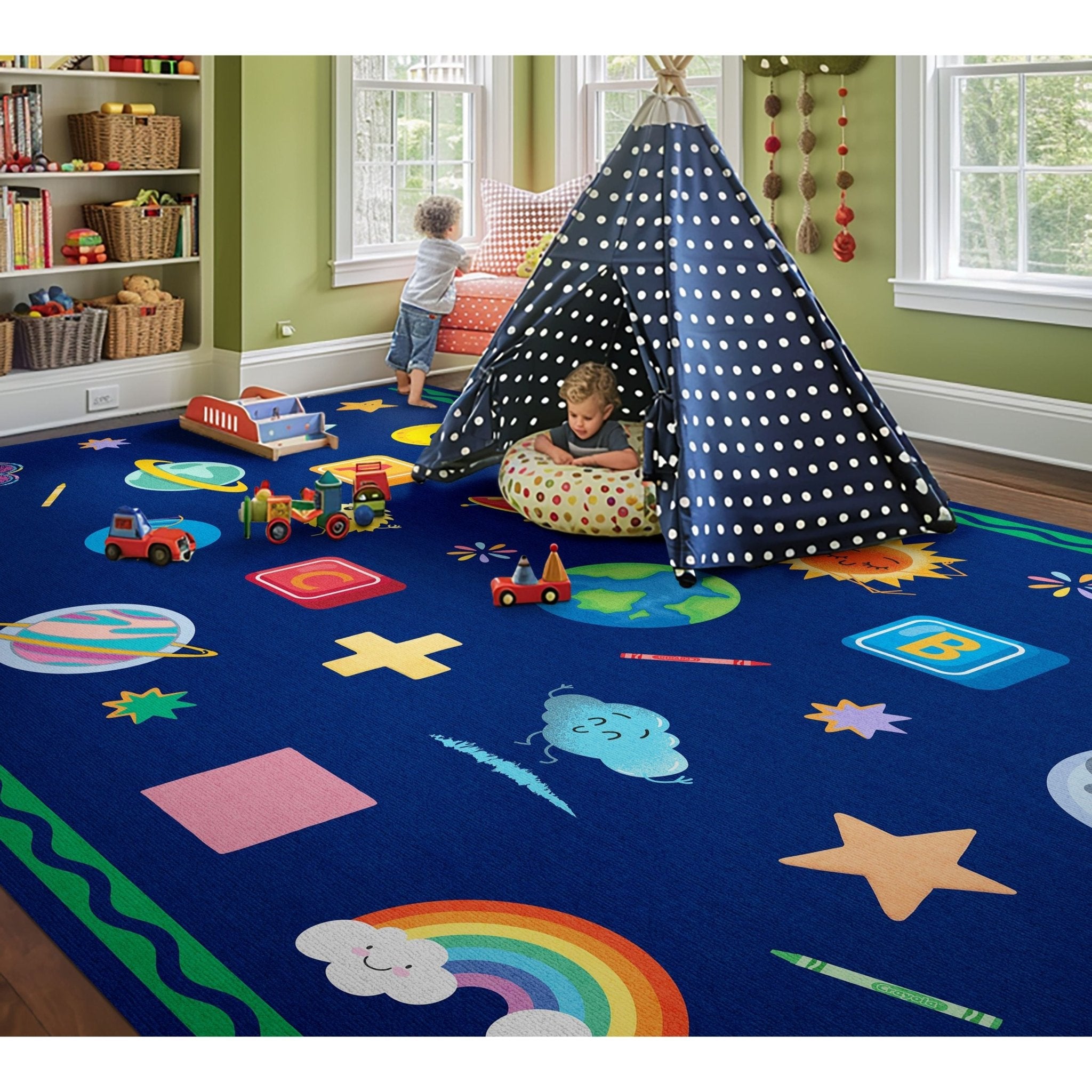 Crayola Modern Cosmic Adventure Space Theme 5' x 7' Blue Area Rug By Well Woven、mySite、gigharbornorthrealestate