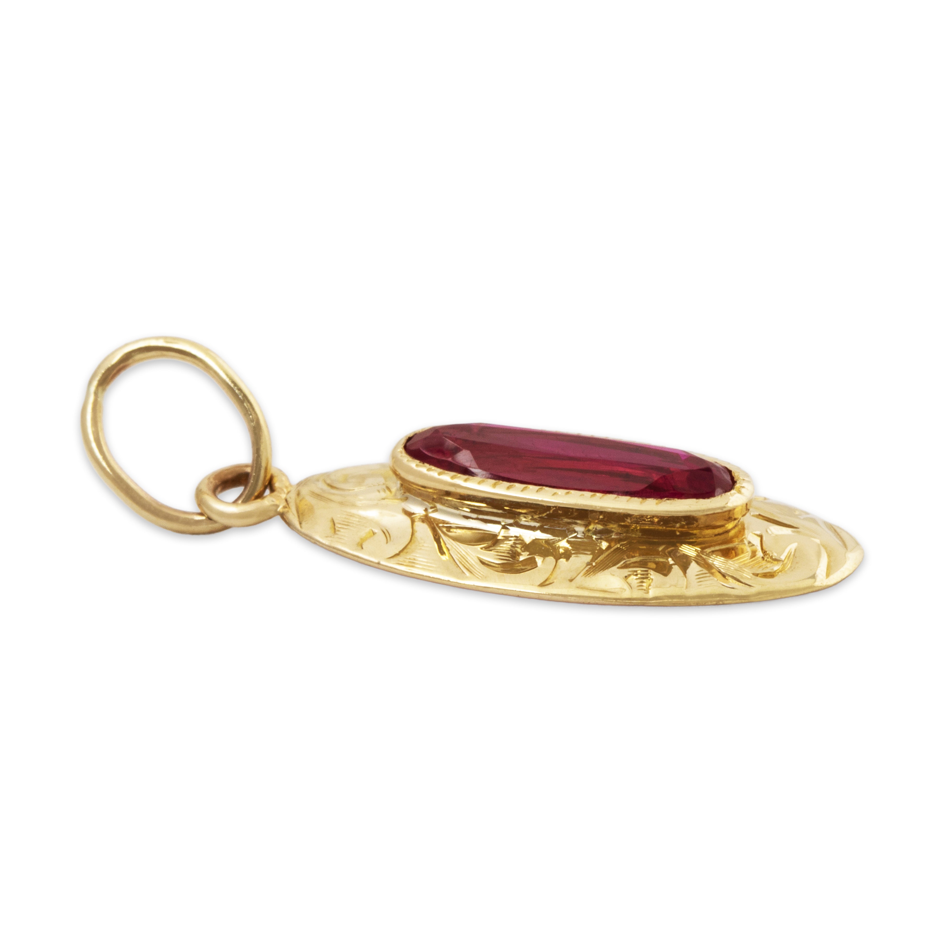 Antique 10k Yellow Gold Synthetic Ruby Lovely Engraved Oval Charm / Pendant、mySite、hinf8tx79