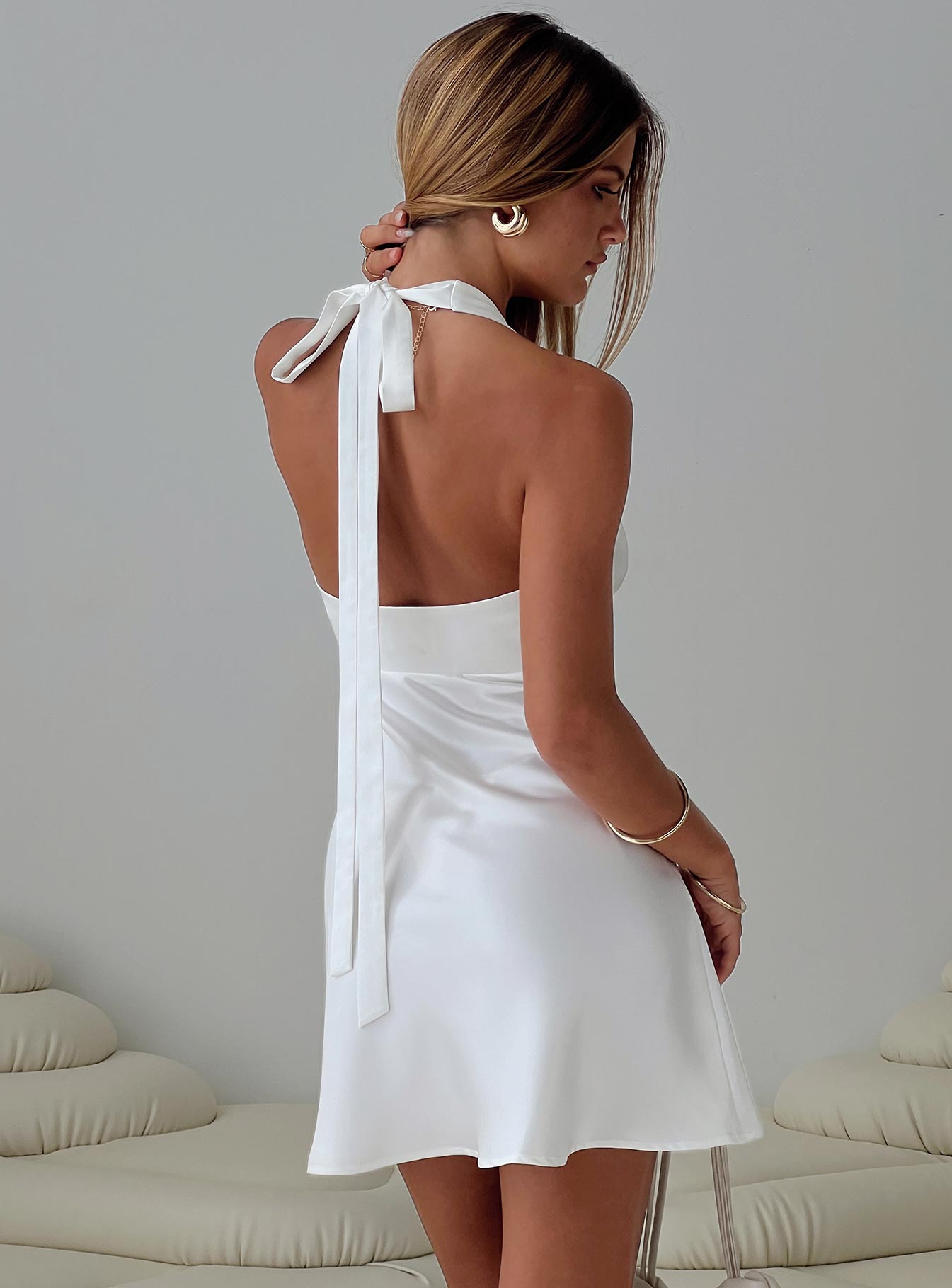 Pelagia Halter Scarf Tie Mini Dress White、mySite、solidvoid