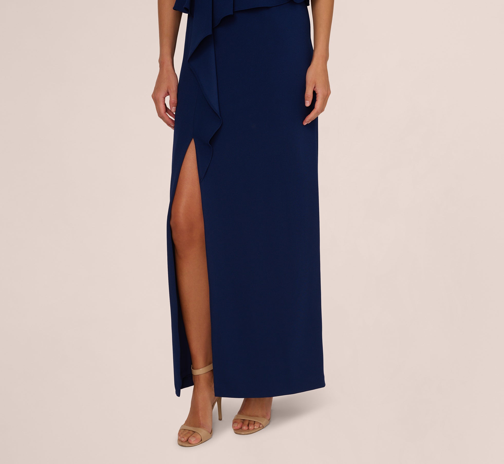 Cap Sleeve Draped Peplum Gown In Navy Sateen、mySite、solidvoid