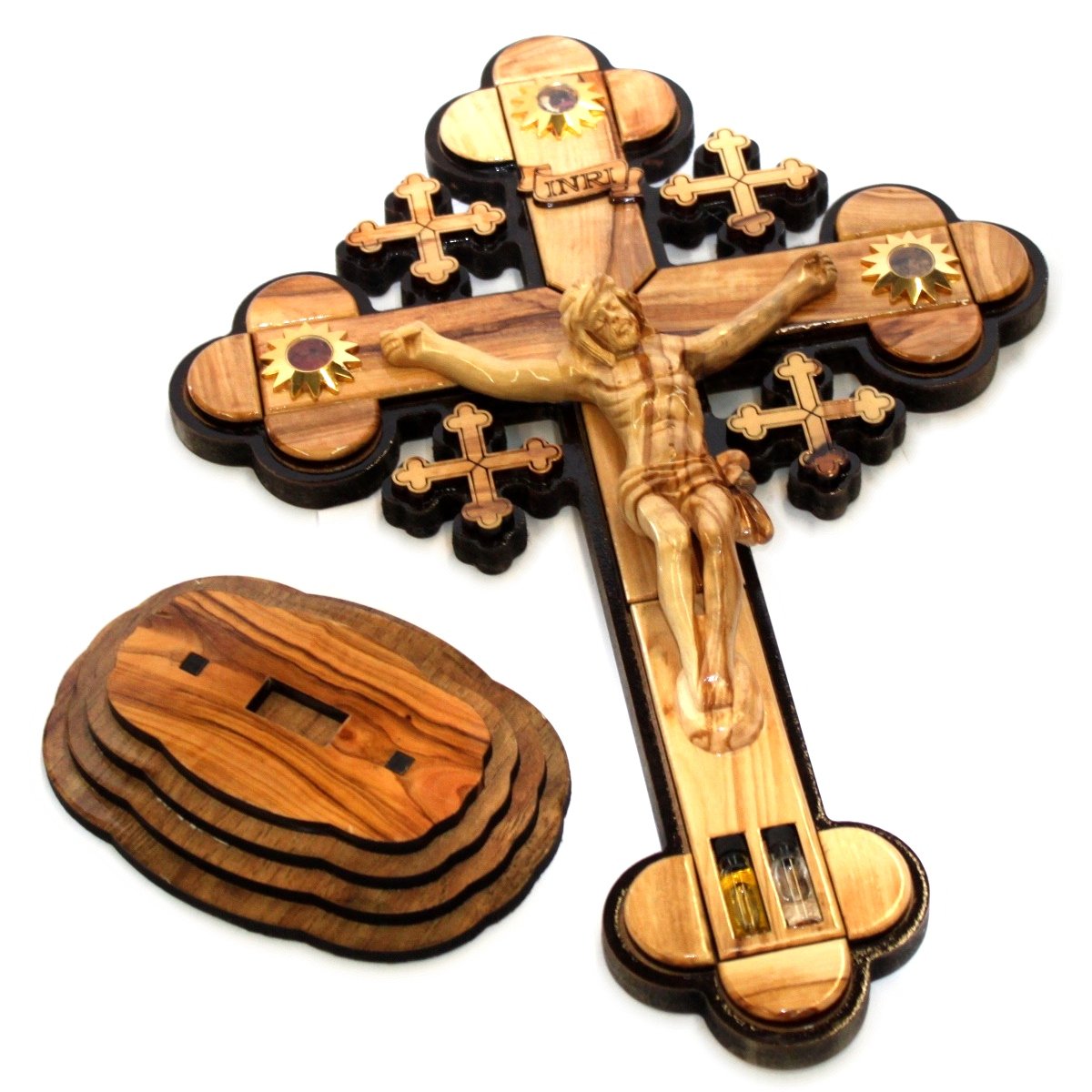 Layered Olive Wood Cross Carved by Laser with Holy Land Samples - Standing or Hanging (14 inches or 35 cm) Large/Certificate、mySite、topwebapps