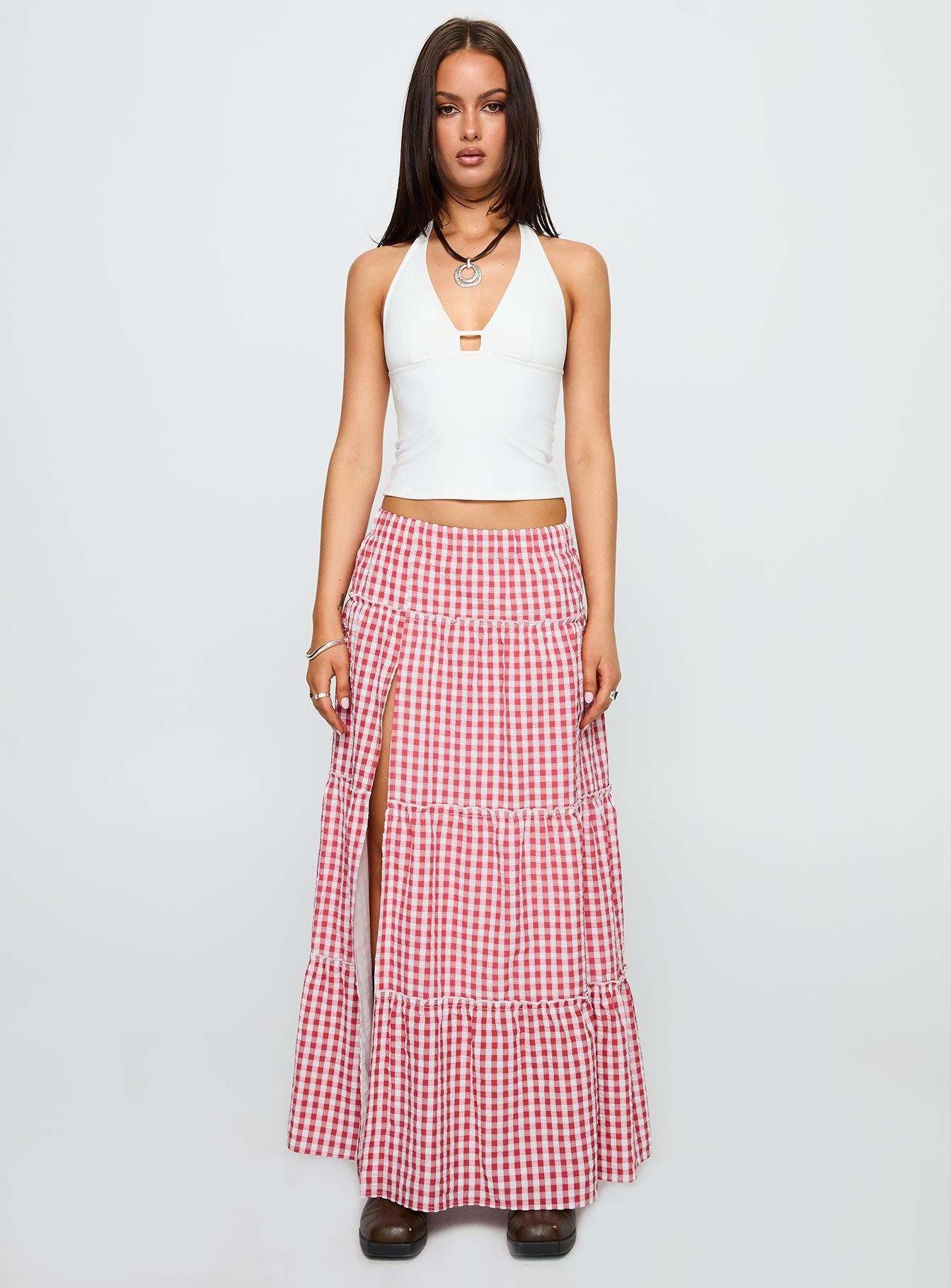 Ilaina Tiered Maxi Skirt Red Check、mySite、solidvoid