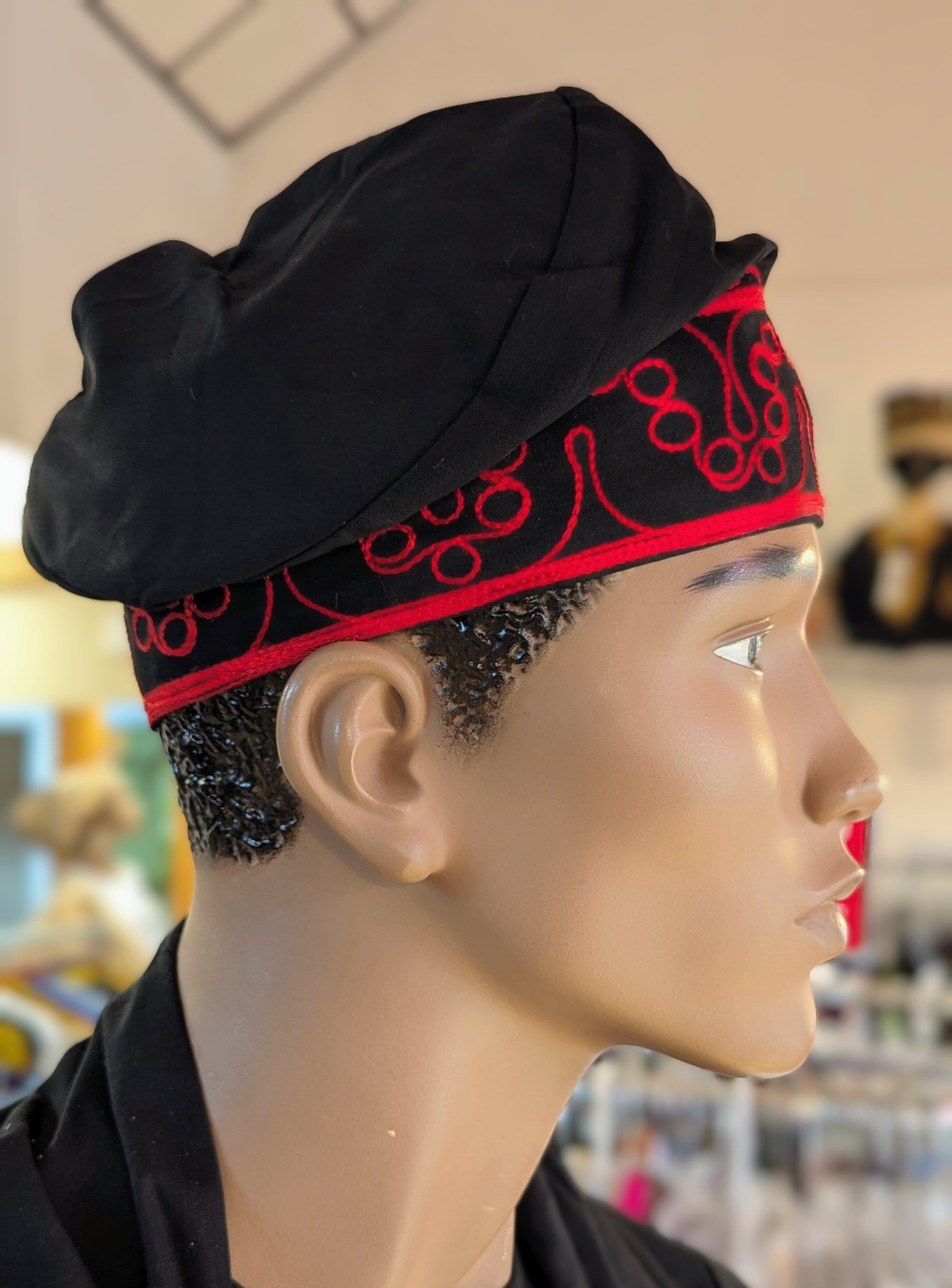 Dupsie's Alago Embroidered Black African Cotton Adebo fila kufi cap hat with Red embroidery DPH4098、mySite、solidvoid