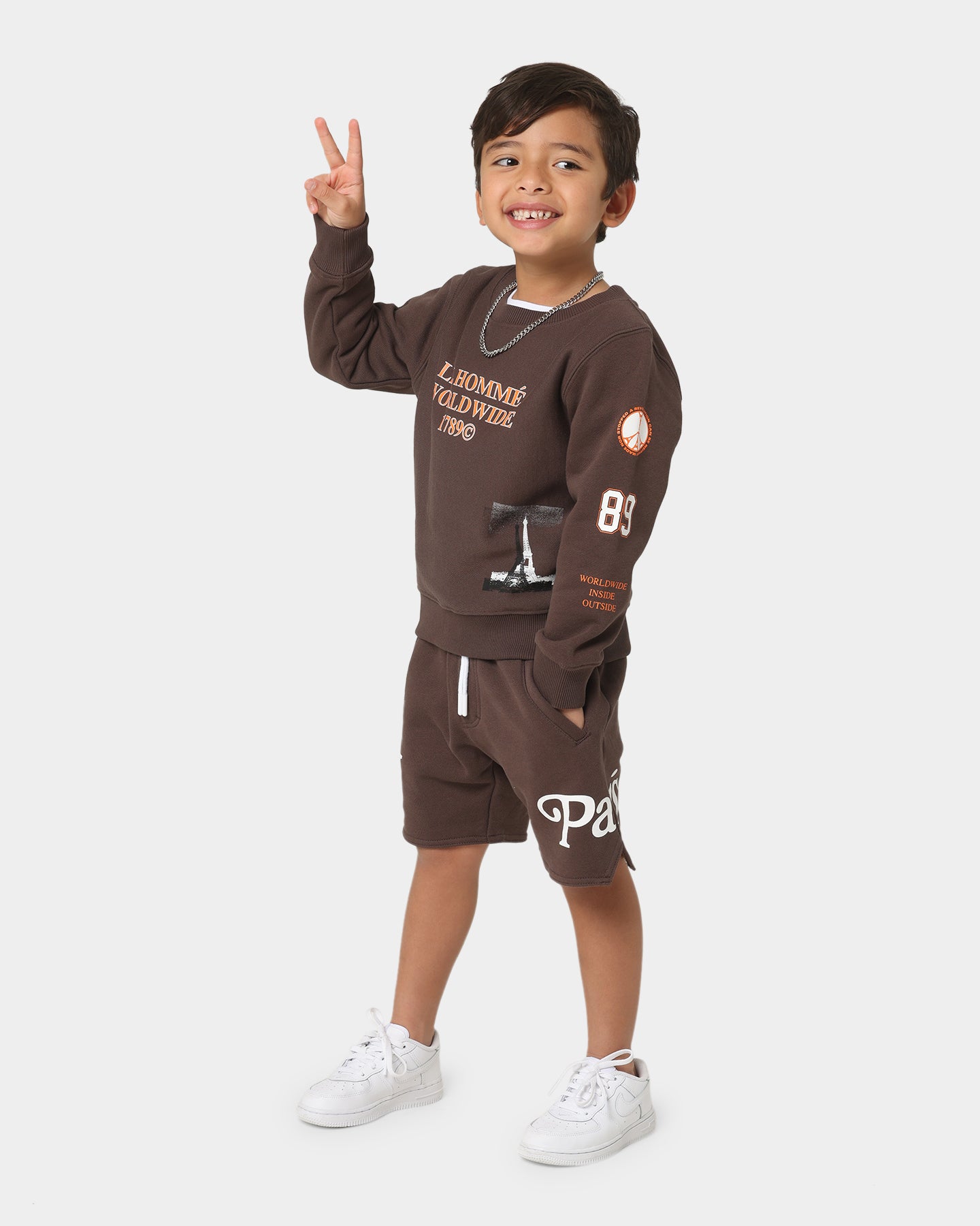 Lil Homme Kids' Worldwide Crewneck Dark Brown、mySite、zt4zffjzw