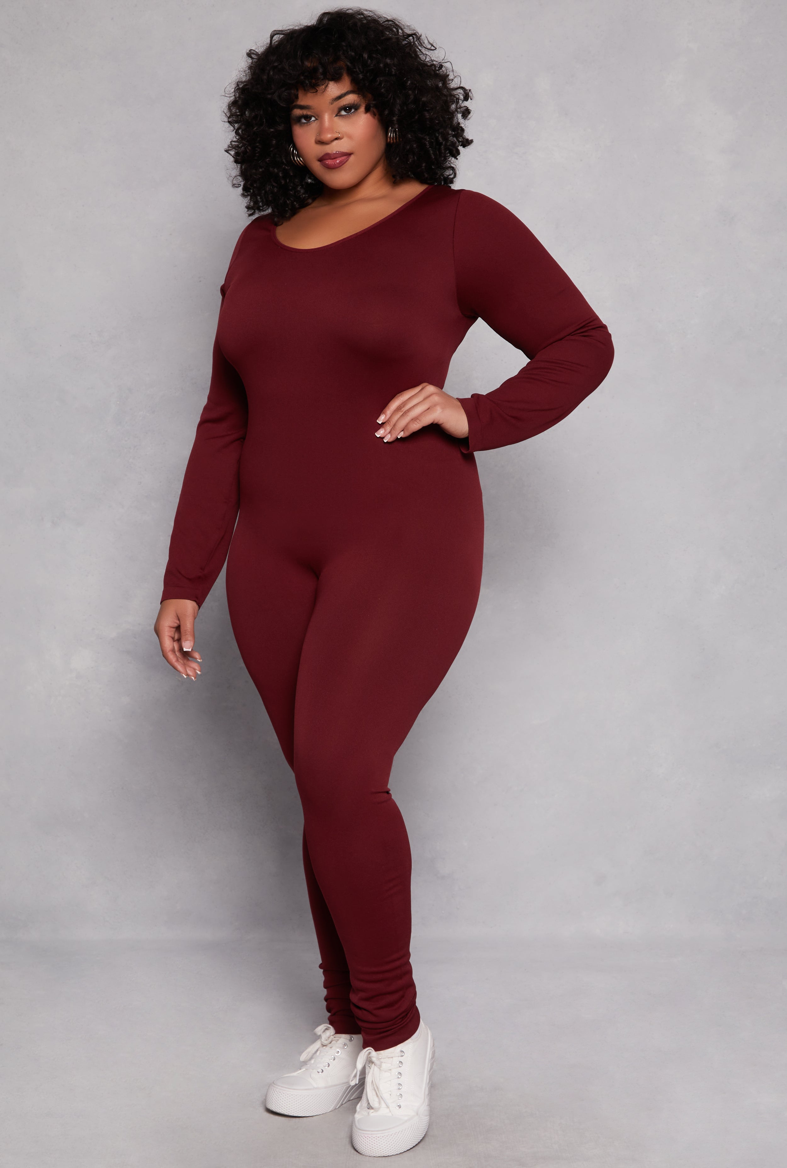 Plus Size Ribbed Knit Long Sleeve Catsuit、mySite、camillekostekn