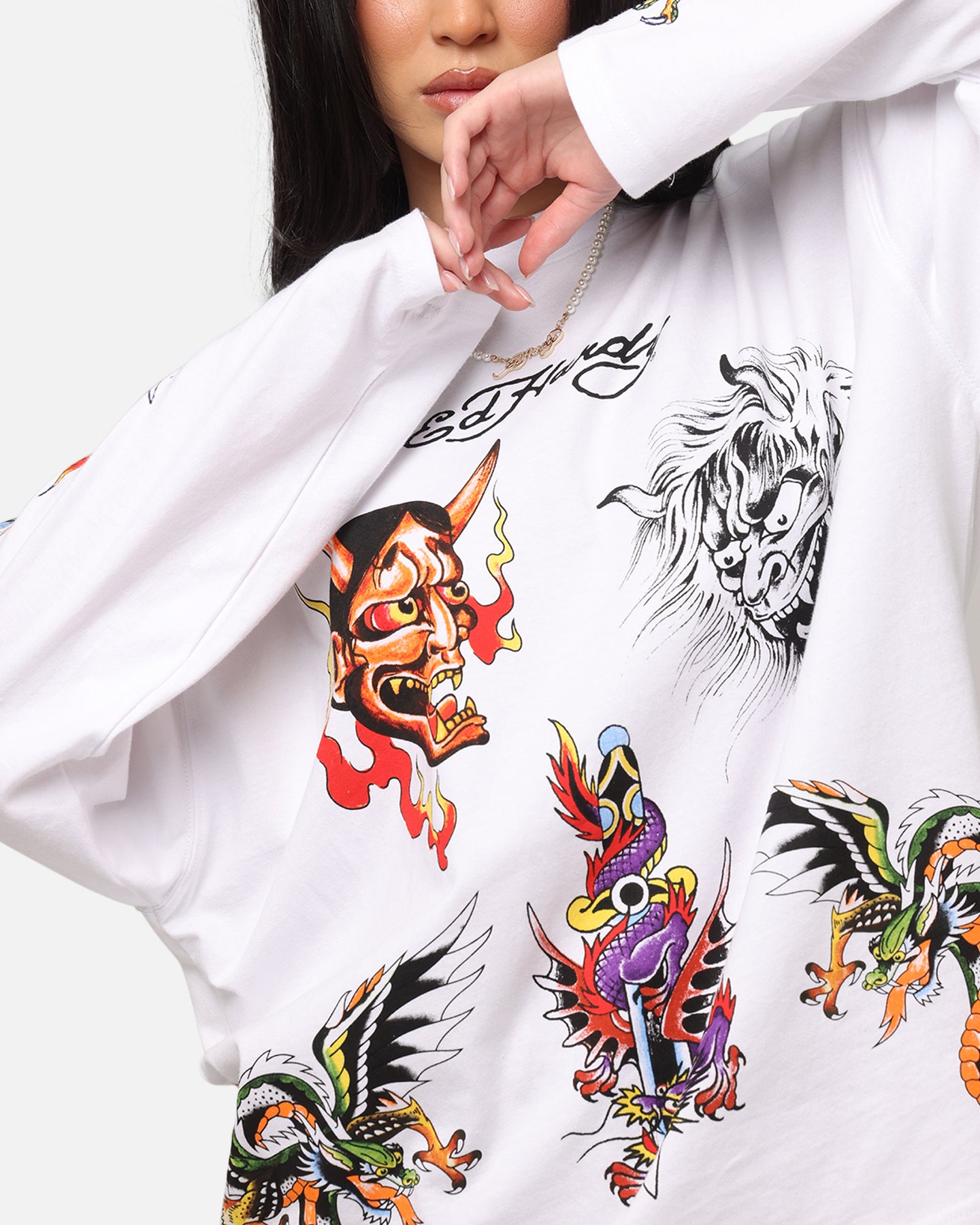 Ed Hardy Ed's Tattooing Long Sleeve T-Shirt Off White、mySite、zt4zffjzw