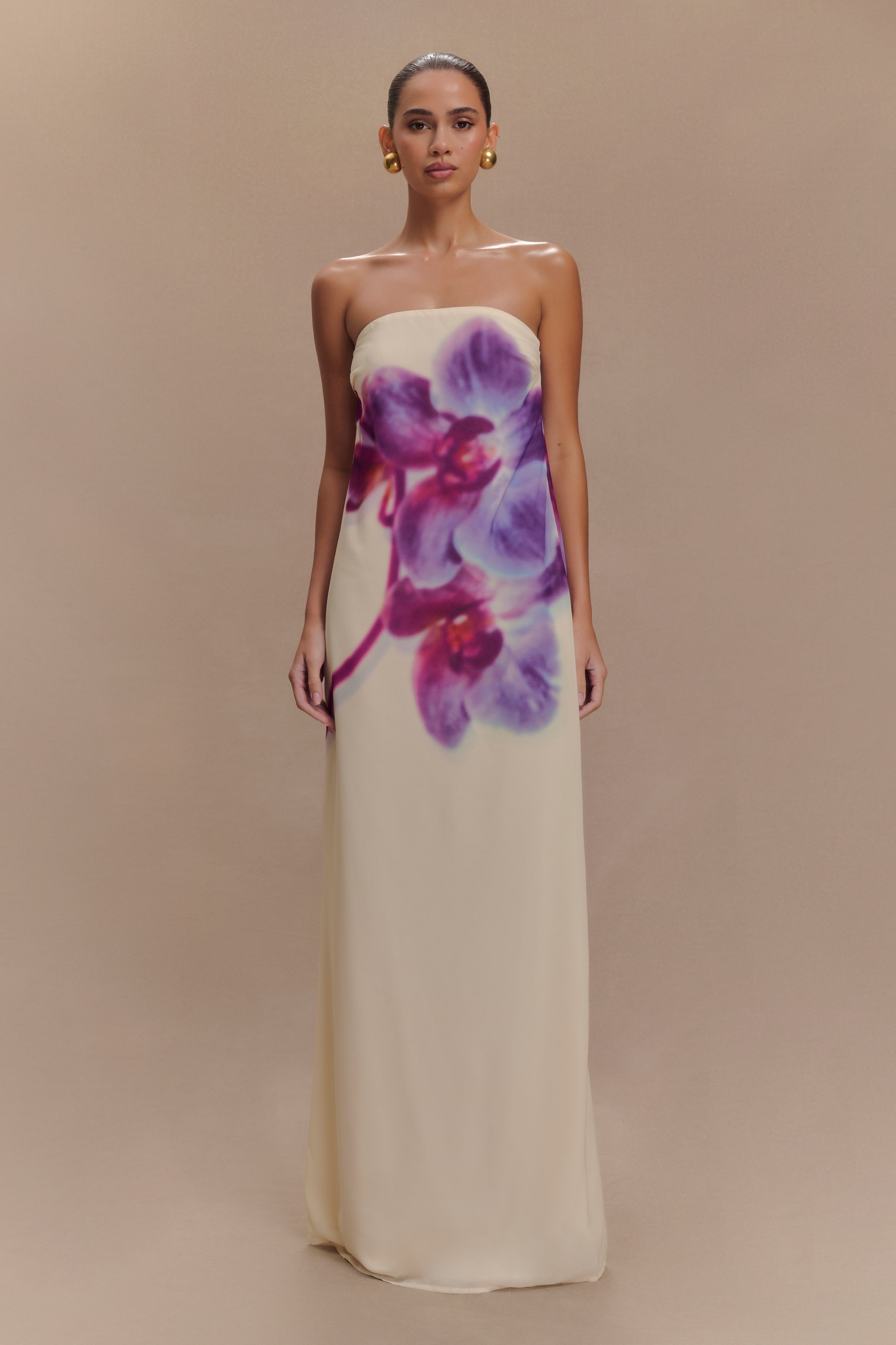 Amaya Strapless Chiffon Maxi Dress - Ivory Koi Orchid Print、mySite、solidvoid