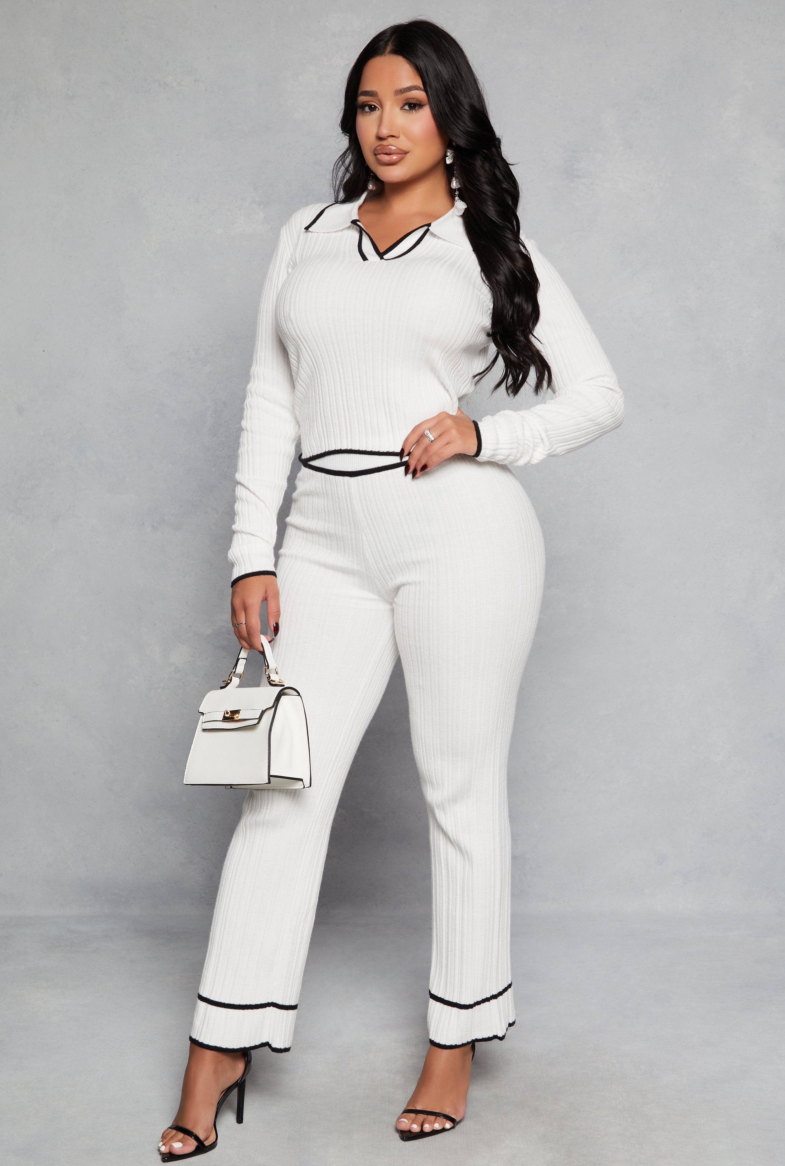 Ribbed Knit Contrast Trim Straight Leg Pants、mySite、camillekostekn