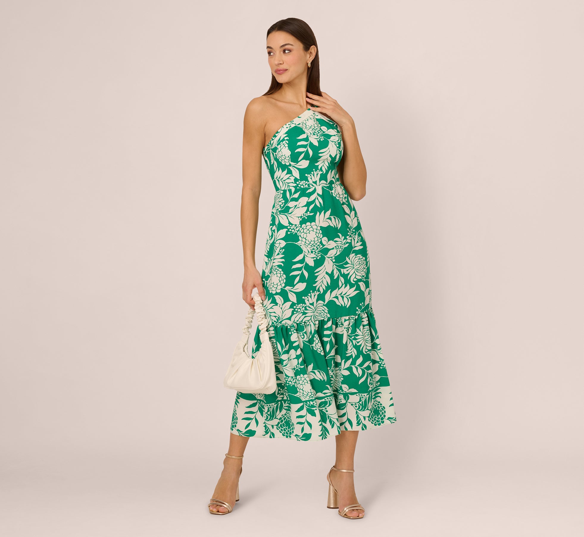 One Shoulder Floral Flounce Midi Dress In Green White、mySite、solidvoid