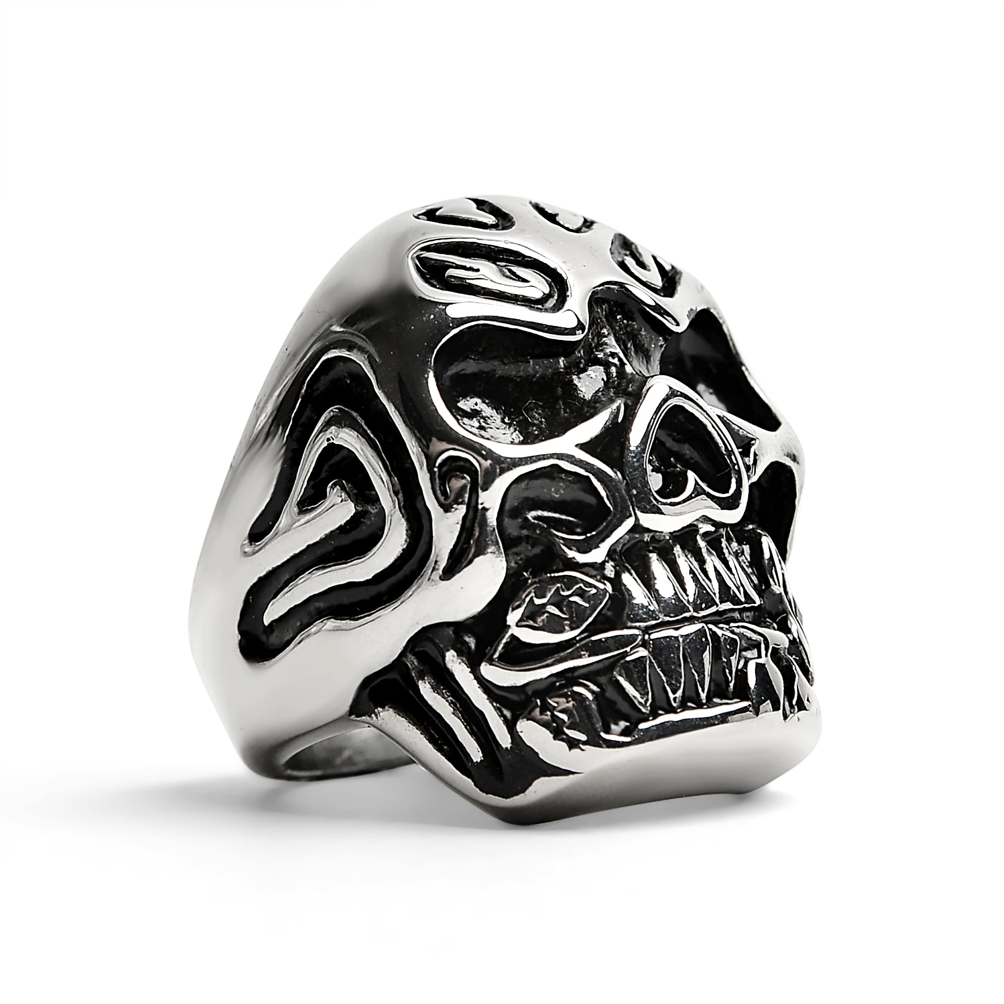 Stainless Steel Large Filigree Skull Biting Red CZ Rose Ring / SCR4000、mySite、dreamappss