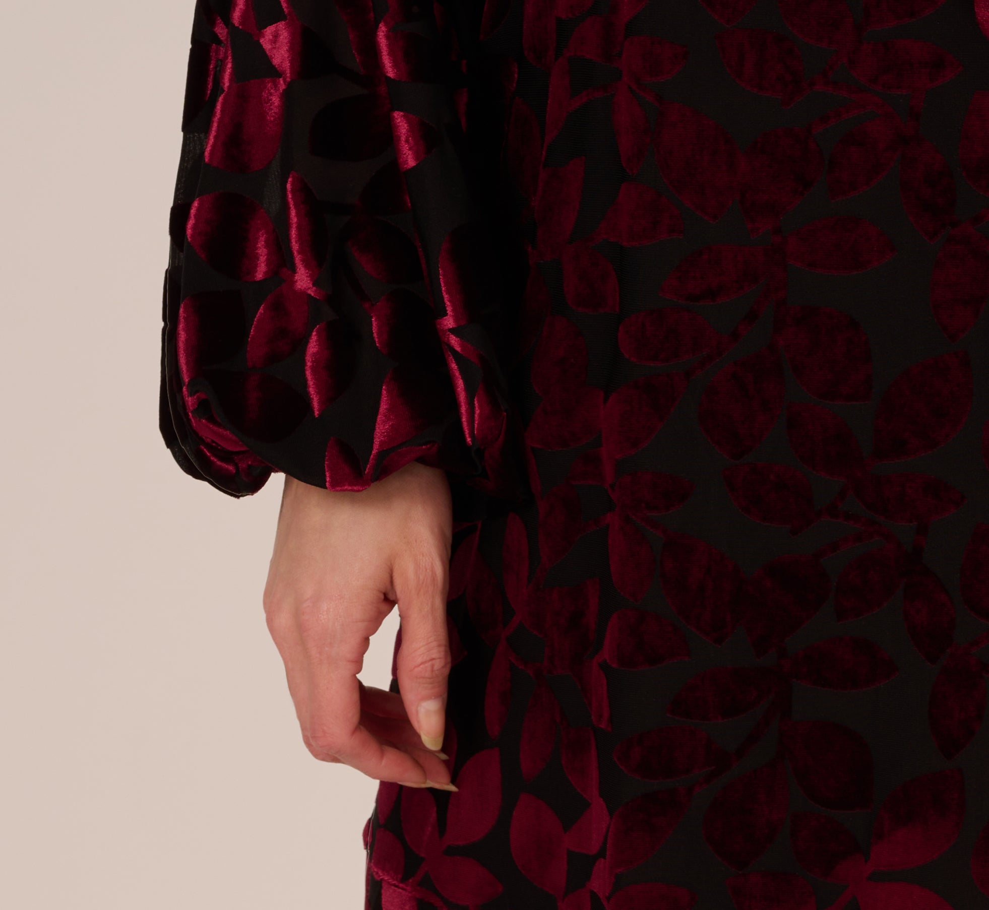 Velvet Burnout Faux Wrap Dress With Long Bishop Sleeves In Burgundy Black、mySite、solidvoid