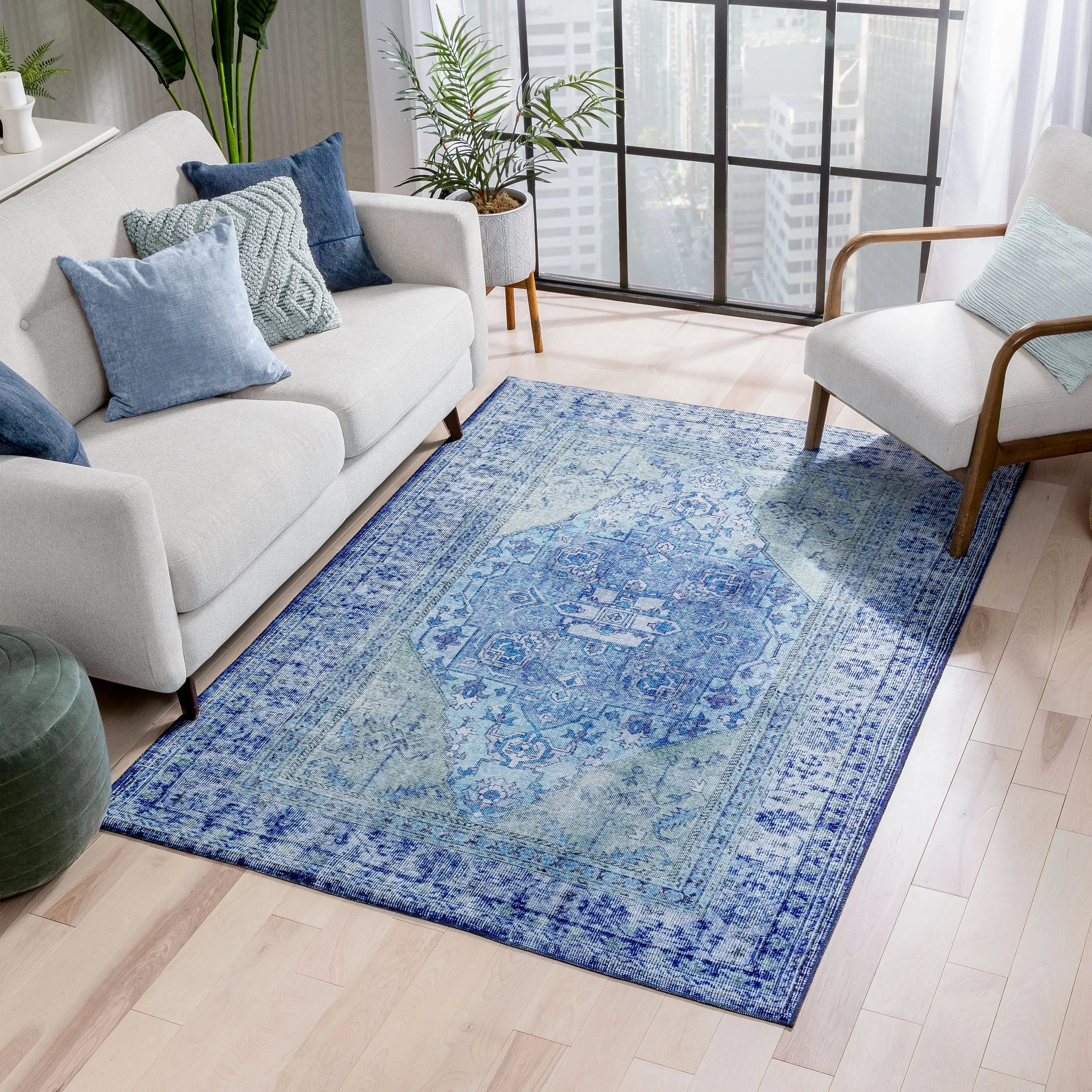 Gila Machine Washable 5'3 x 7'3 Vintage Bohemian Medallion Oriental Dark Blue Flat-Weave Rug、mySite、gigharbornorthrealestate