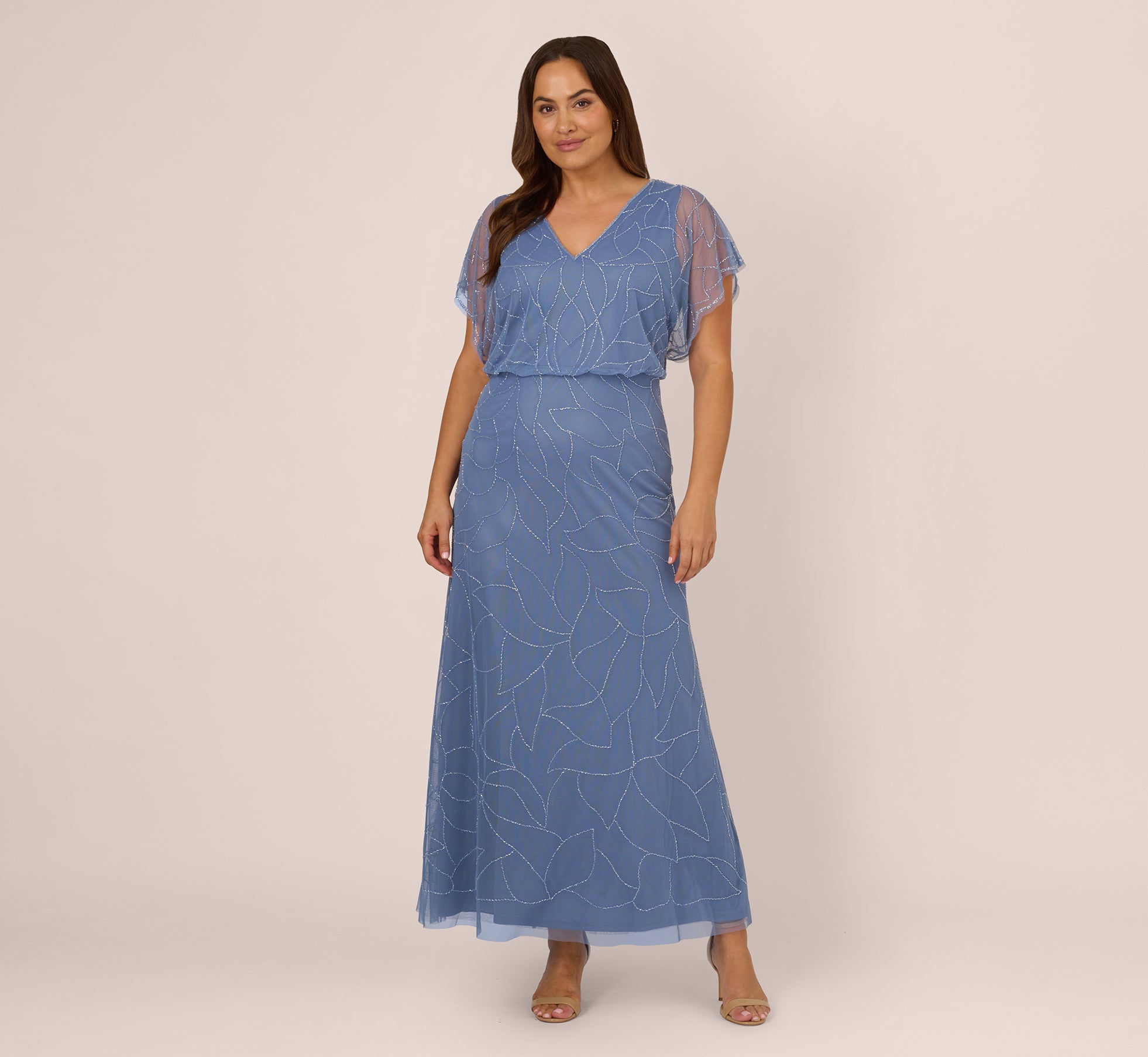 Plus Size Beaded Blouson Mermaid Gown With Sheer Dolman Sleeves In French Blue、mySite、solidvoid