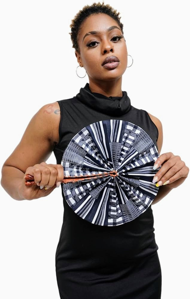 Dupsie's Koumadi Foldable Black and White African Print Ankara Kente Fan DPPFB0795、mySite、solidvoid