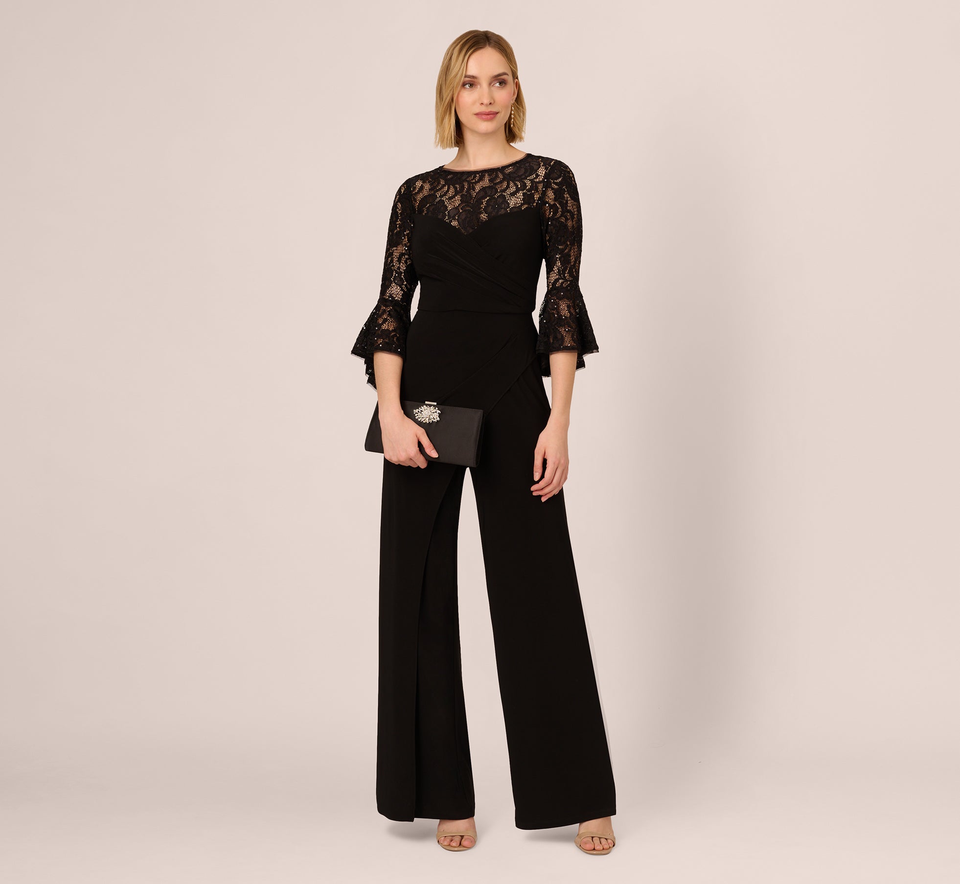 Wide Leg Jersey Jumpsuit With Sheer Lace Bell Sleeves In Black、mySite、solidvoid